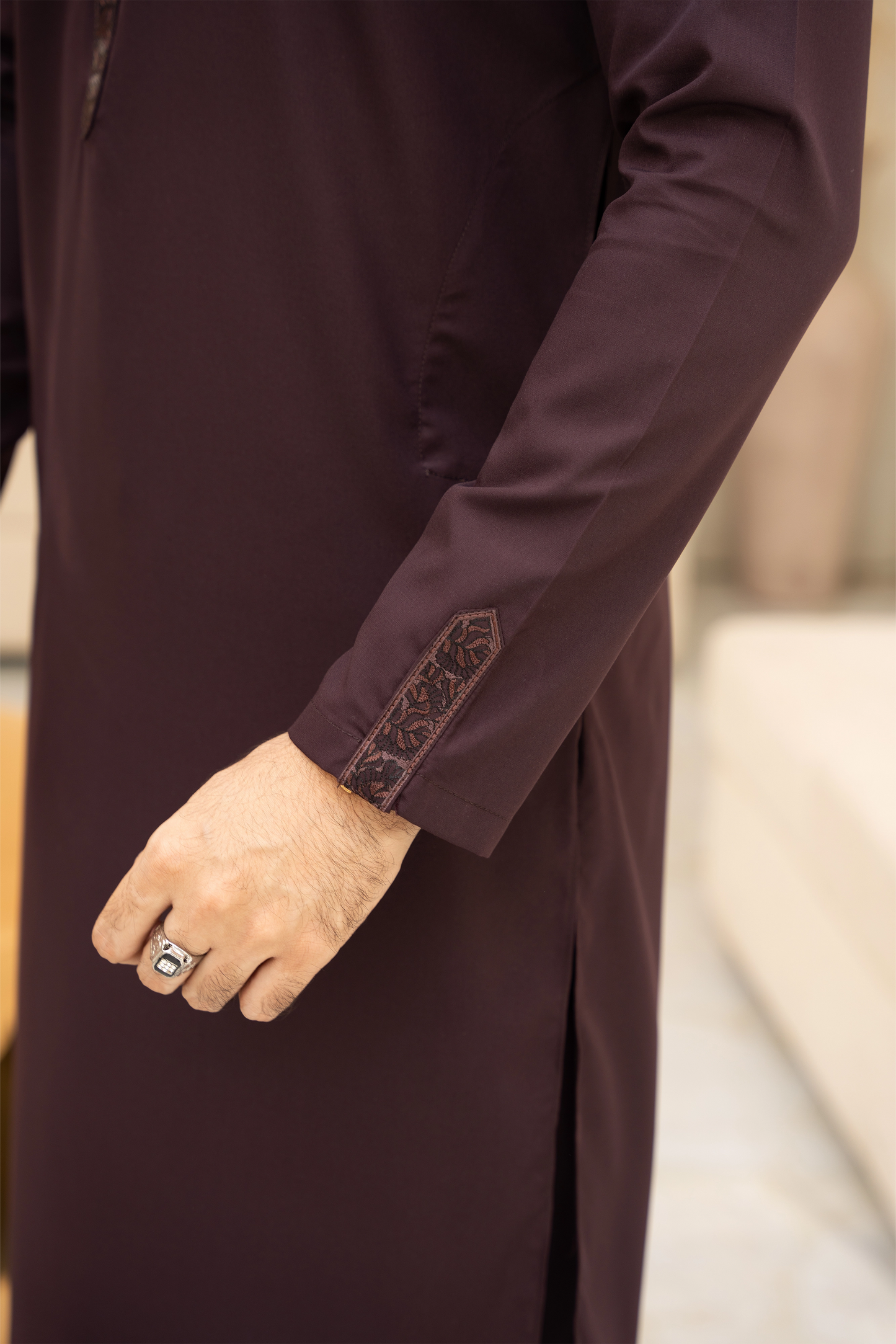 Men Unstitch Multi-Embroiderd Bann/Placket & Cuff Strip Kameez Shalwar With Signature Pattern And Design - Maroon Oak