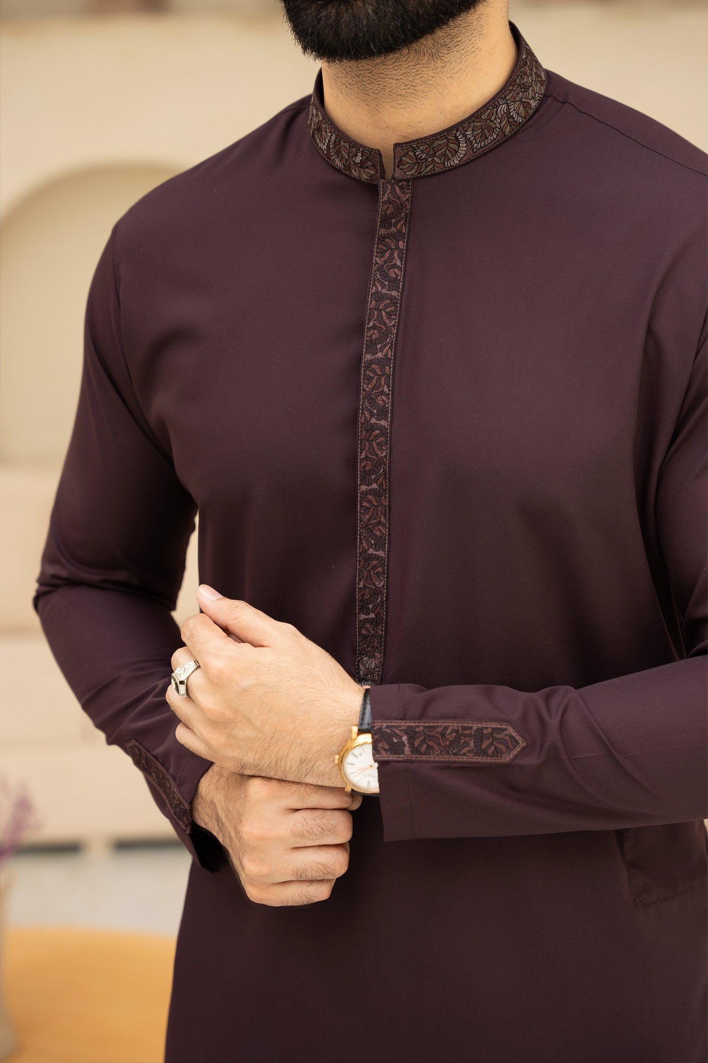 Men Unstitch Multi-Embroiderd Bann/Placket & Cuff Strip Kameez Shalwar With Signature Pattern And Design - Maroon Oak