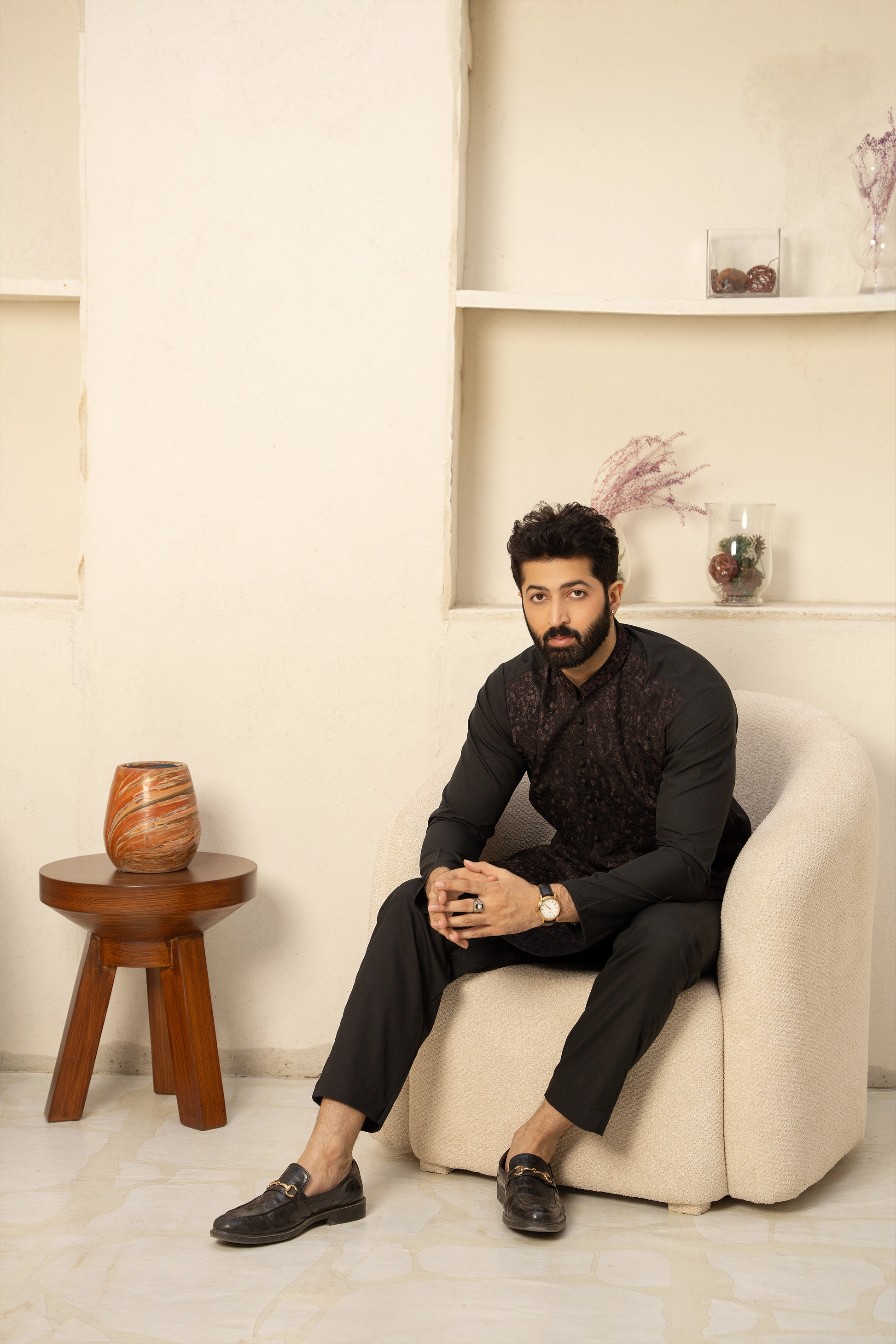 Black Men Embroidered Unstitch Kameez Shalwar With Fully Front Allover Embroidered & Bann With Signature Pattern And Design