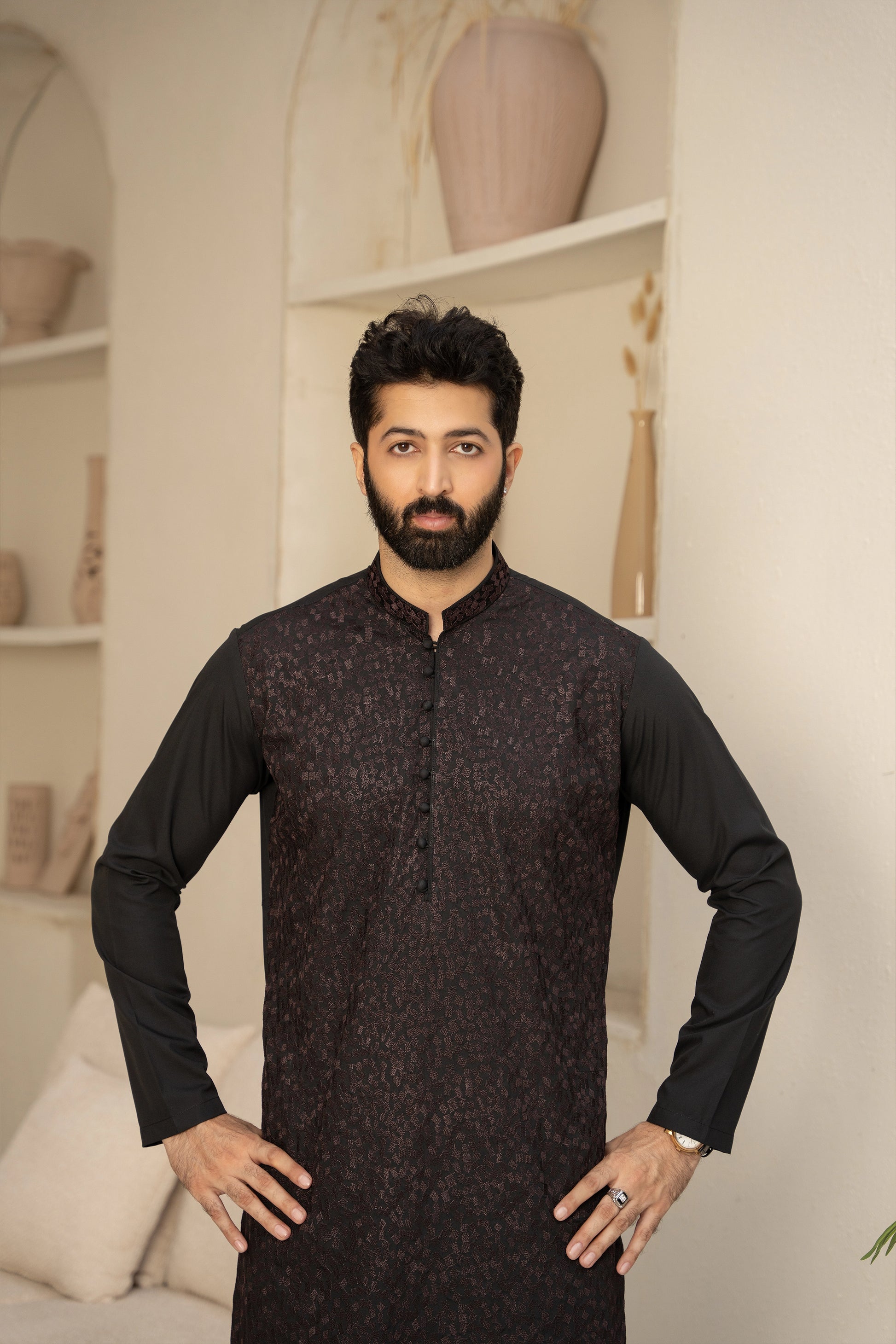 Black Unstitch Kameez Shalwar With Fully Front Allover Embroidered & Bann With Signature Pattern And Design for Men