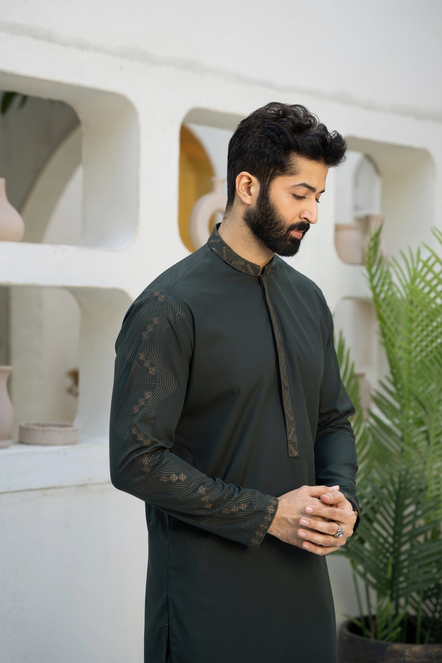 Men Embroidered Unstitch Kameez Shalwar With Fully Sleeves Embroidered With Bann/Placket, Signature Pattern And Design - Phthalo-Green