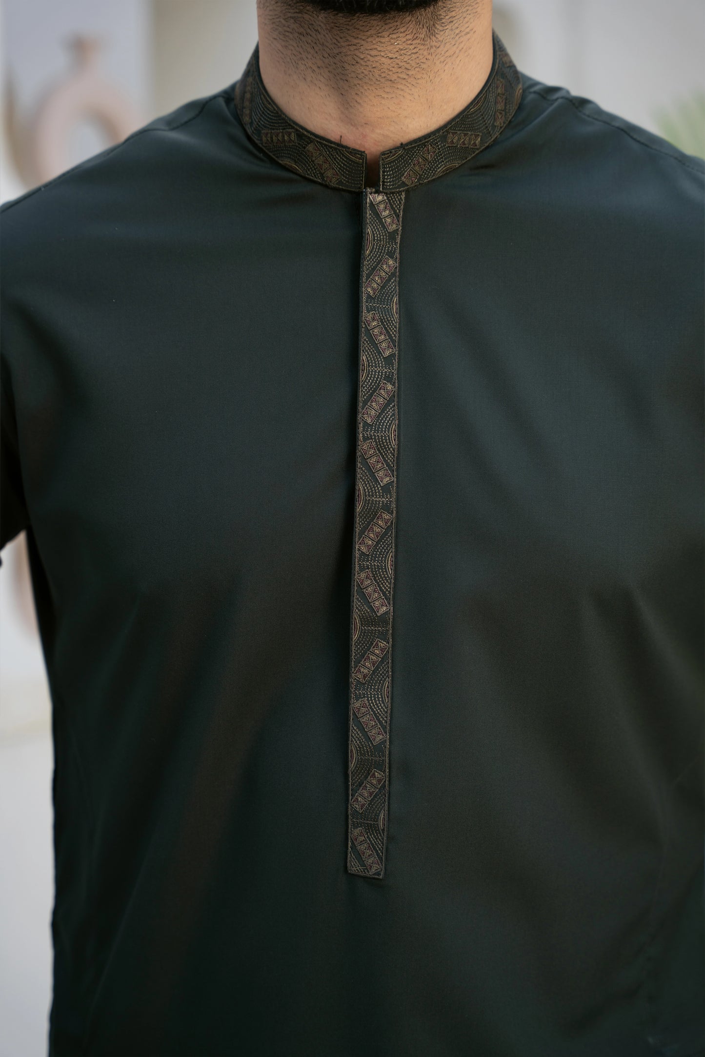 Men Embroidered Unstitch Kameez Shalwar With Fully Sleeves Embroidered With Bann/Placket, Signature Pattern And Design - Phthalo-Green