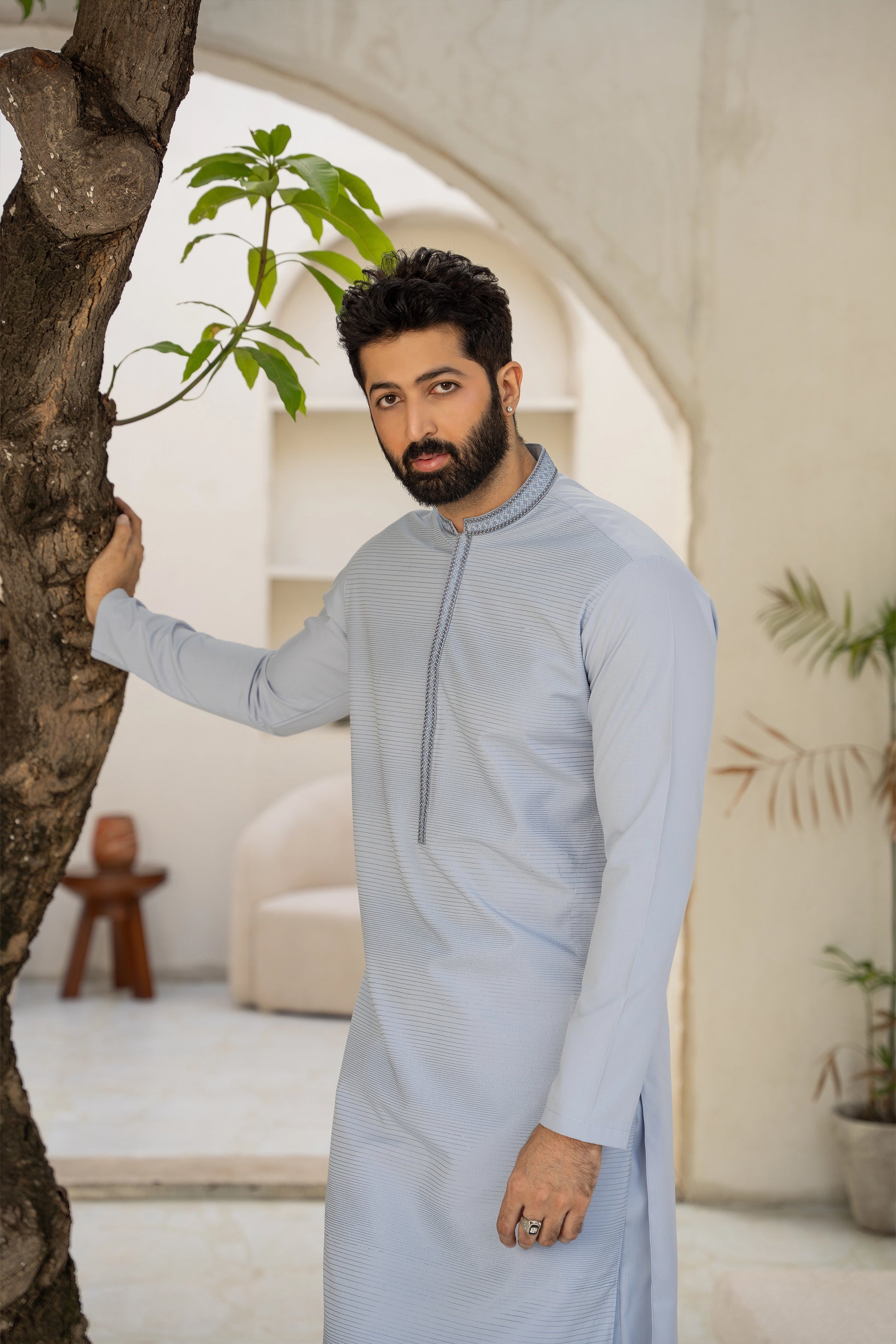 Misty Blue Men Embroidered Unstitch Kameez Shalwar With Fully Front Allover Embroidered & Bann/Placket With Signature Pattern And Design -