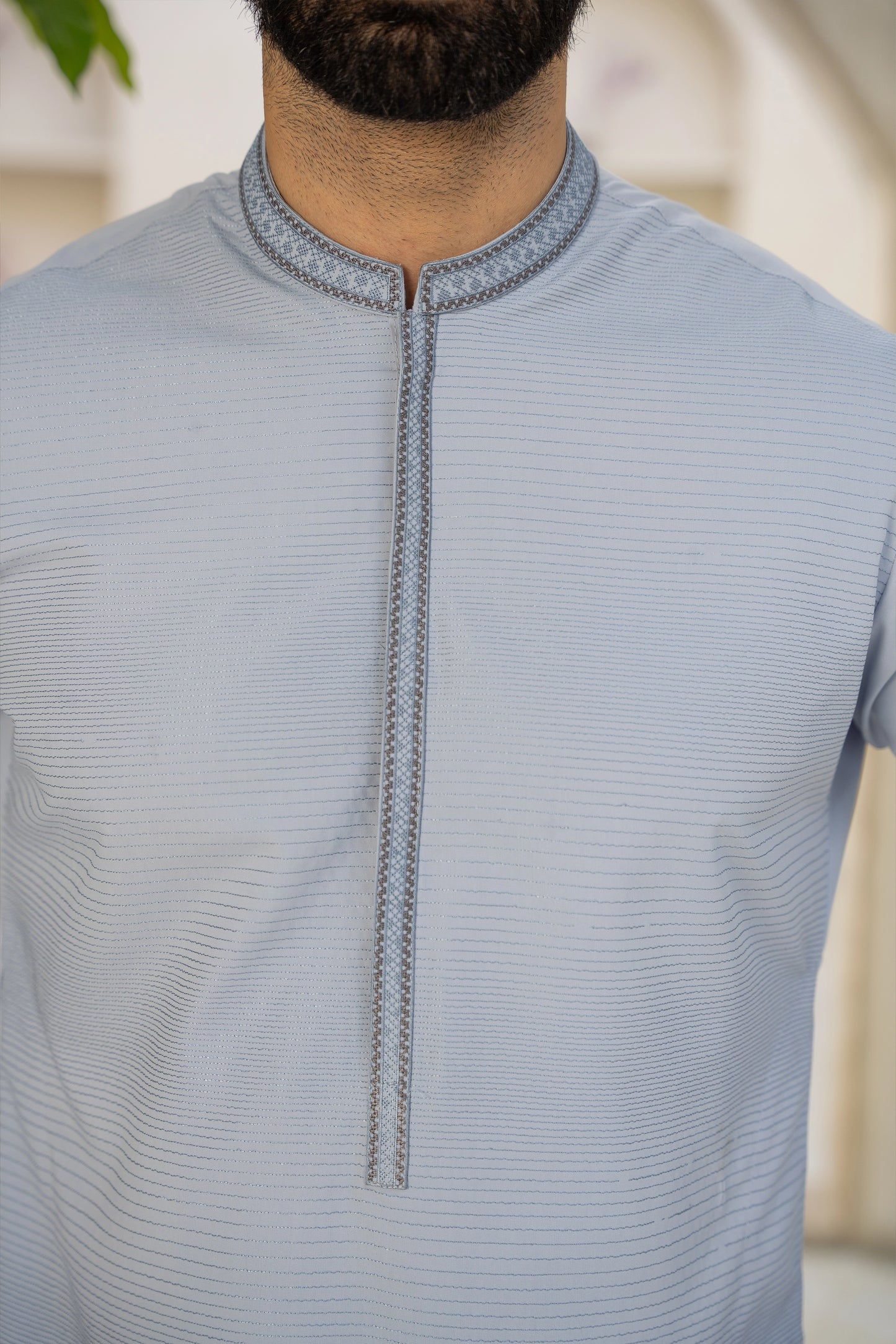 Misty Blue Men Embroidered Unstitch Kurta With Fully Front Allover Embroidered & Bann/Placket With Signature Pattern And Design