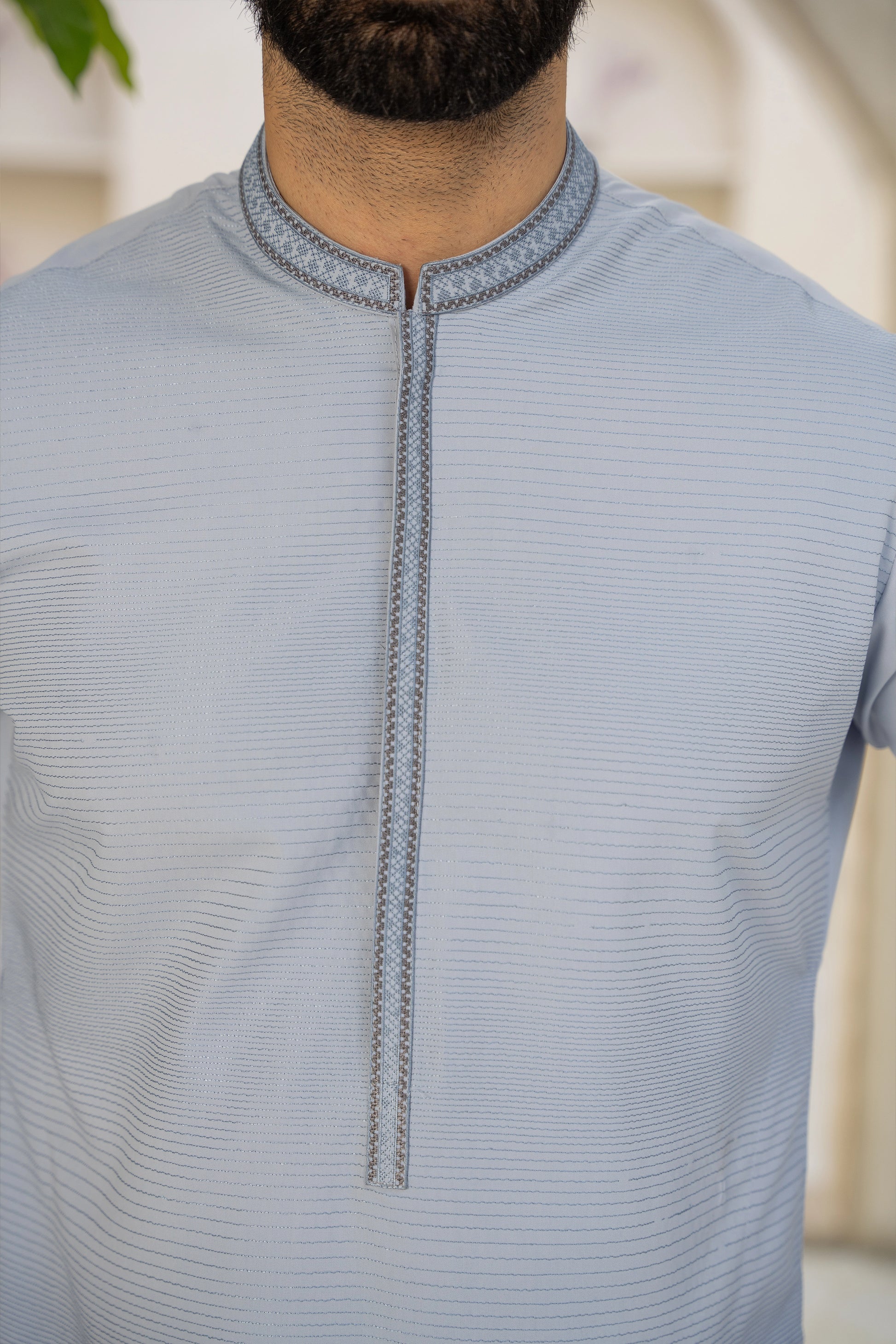 Misty Blue Men Embroidered Unstitch Kurta With Fully Front Allover Embroidered & Bann/Placket With Signature Pattern And Design