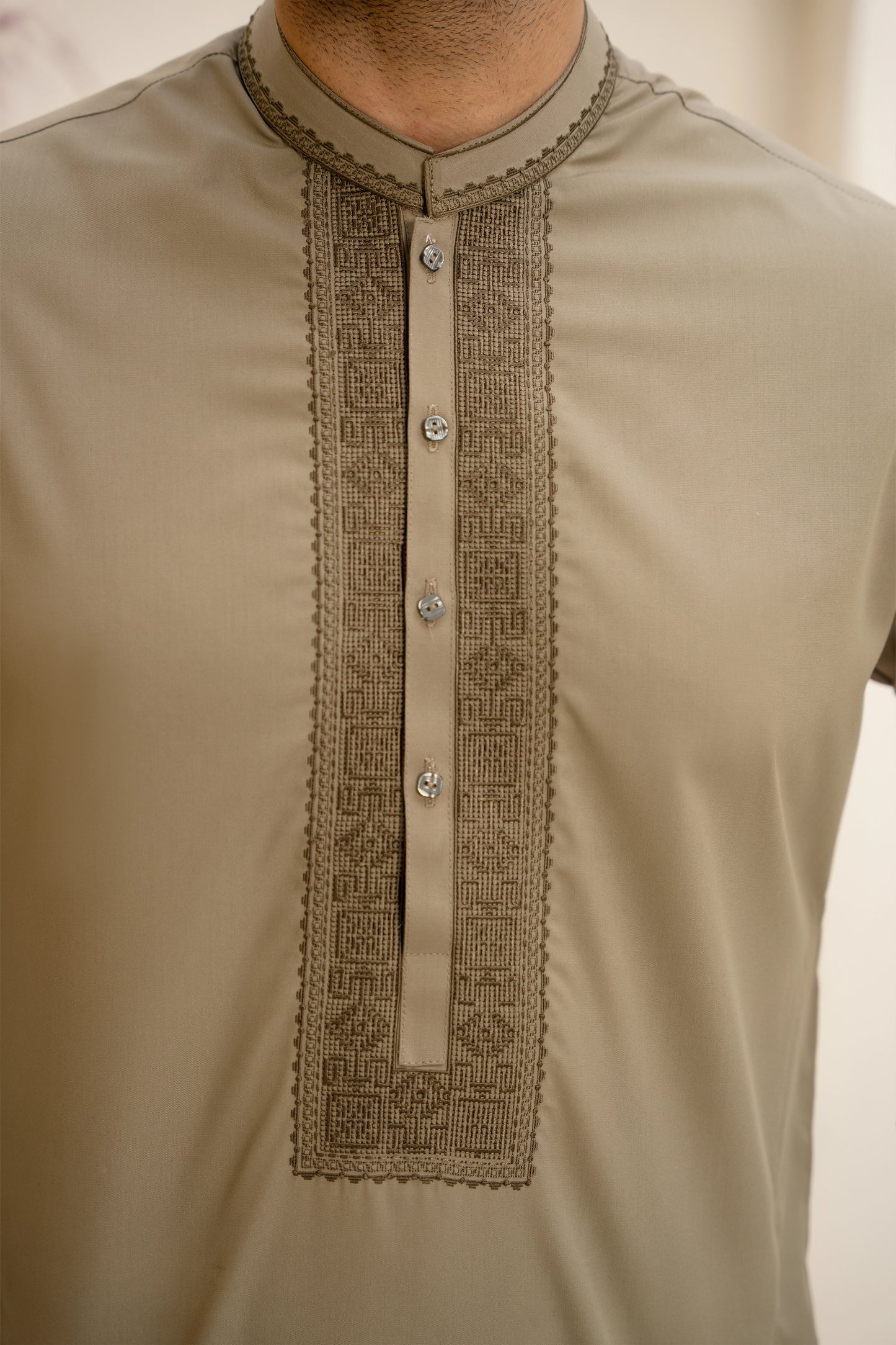 Olive-Khaki Unstitch Tarkashi Effect Embroidered Neckline & Bann Kameez Shalwar With Contrast Colors & Signature Pattern Embroidery Design for men