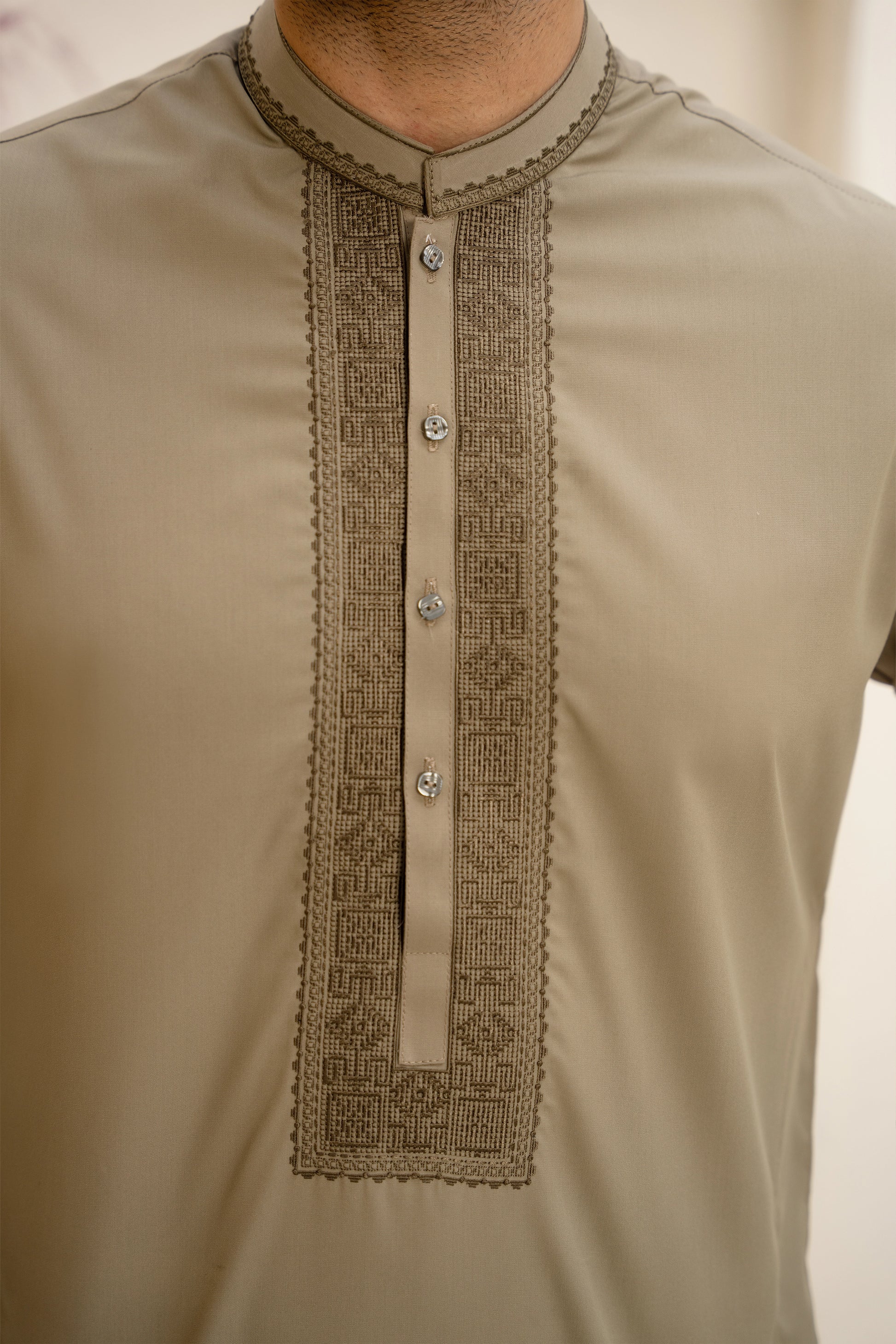 Olive-Khaki Unstitch Tarkashi Effect Embroidered Neckline & Bann Kameez Shalwar With Contrast Colors & Signature Pattern Embroidery Design for men