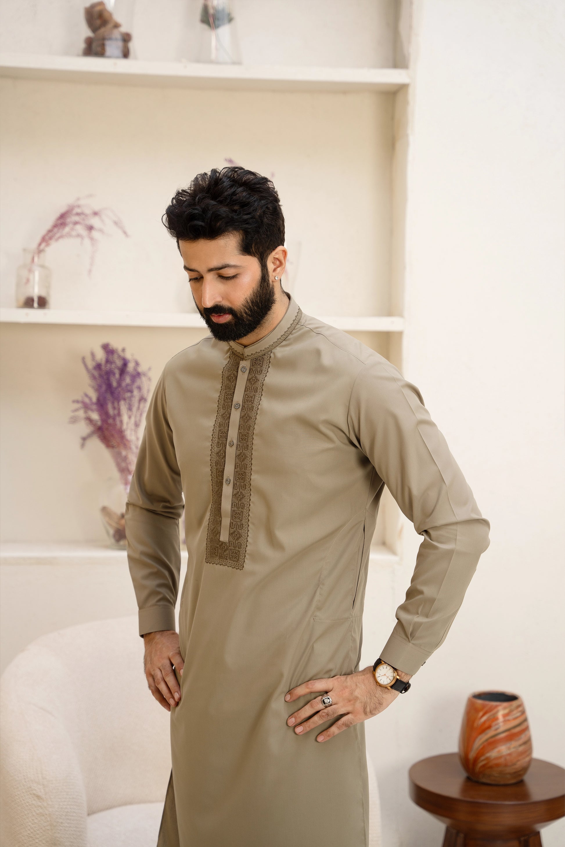Olive-Khaki Men Unstitch Tarkashi Effect Embroidered Neckline & Bann Kameez Shalwar With Contrast Colors & Signature Pattern Embroidery Design