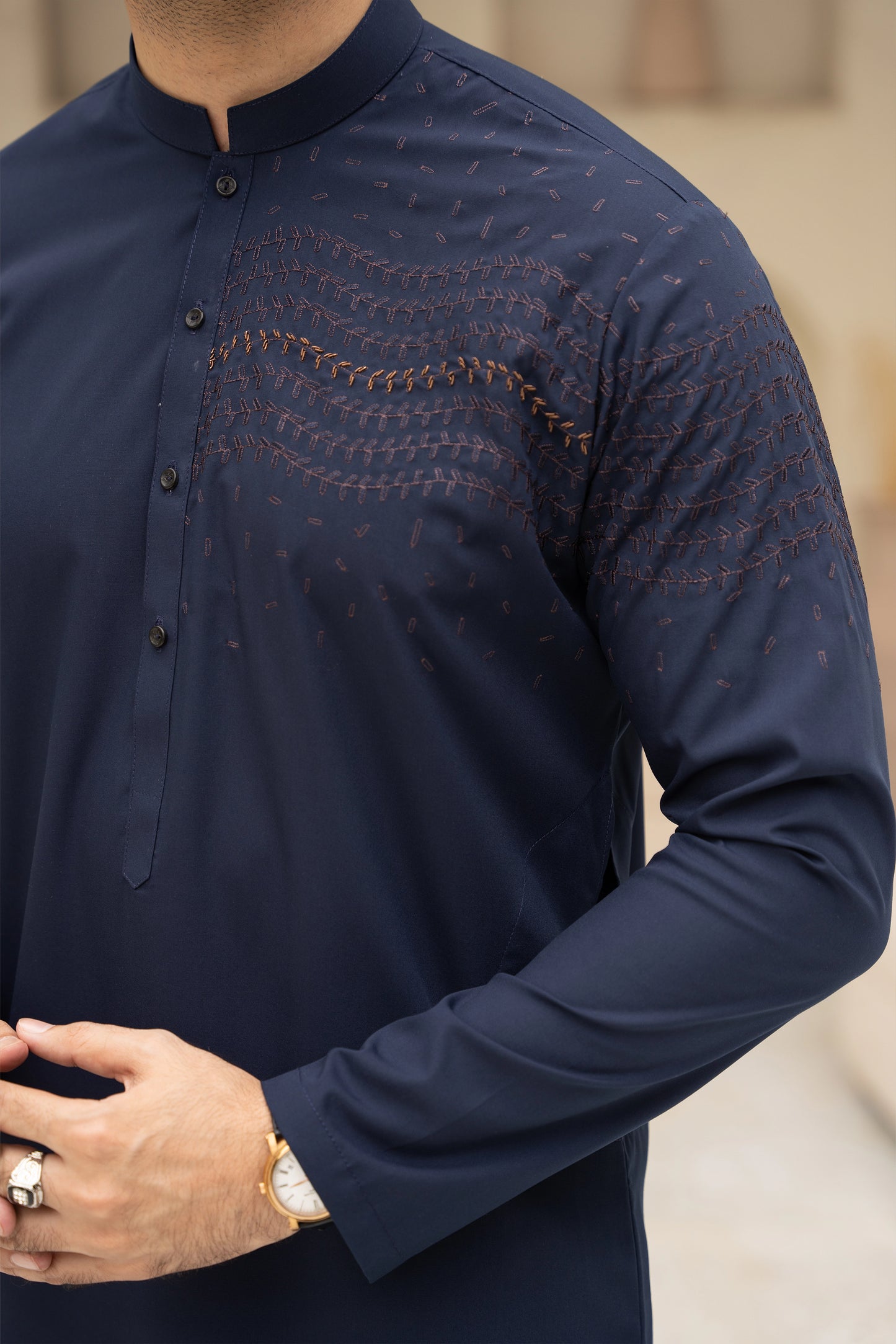Men Semi-Formal Embroidered Unstitch Kameez Shalwar With One-Sided Chest & Slevee With Signature Pattern And Design - Navy