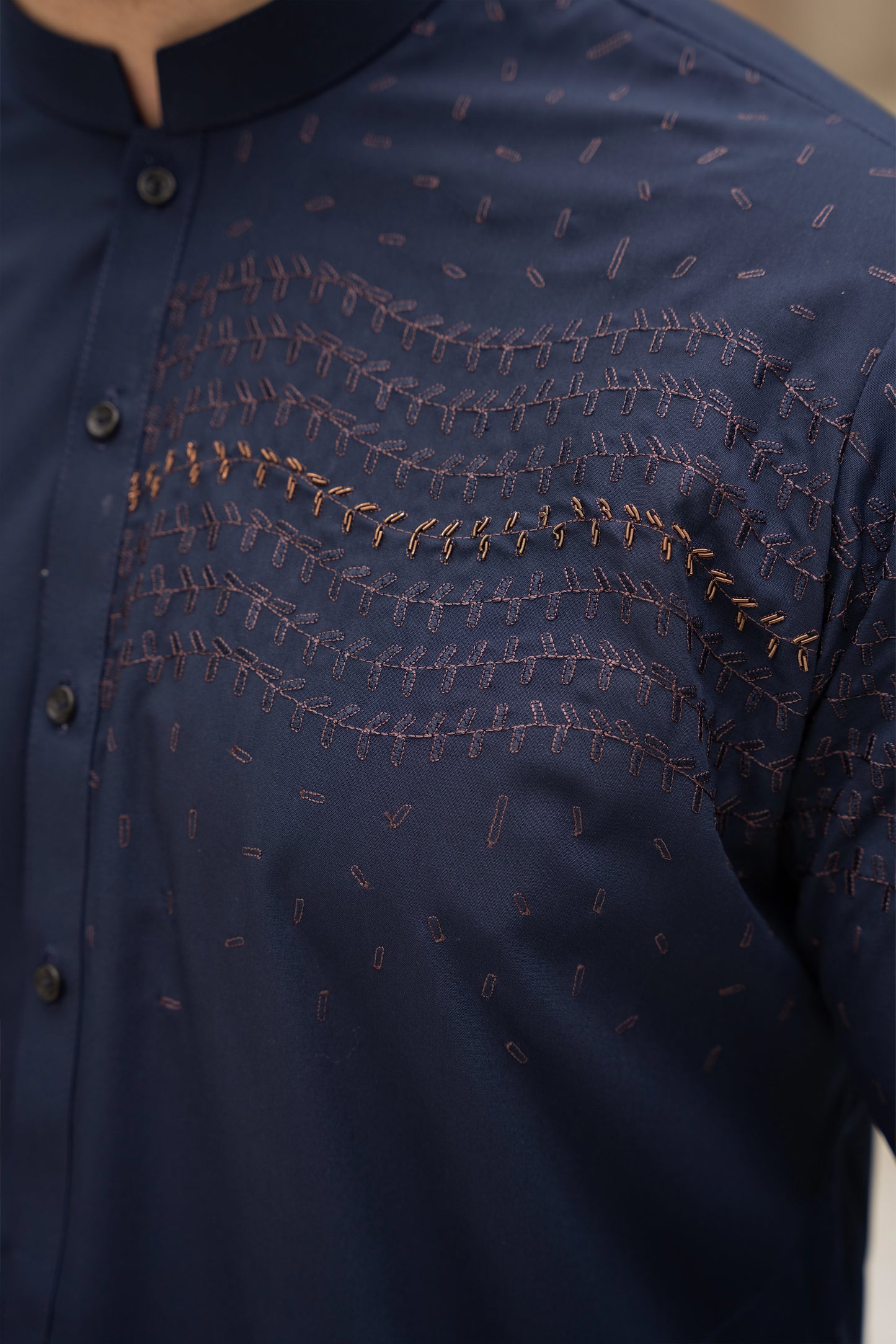 Men Semi-Formal Embroidered Unstitch Kameez Shalwar With One-Sided Chest & Slevee With Signature Pattern And Design - Navy