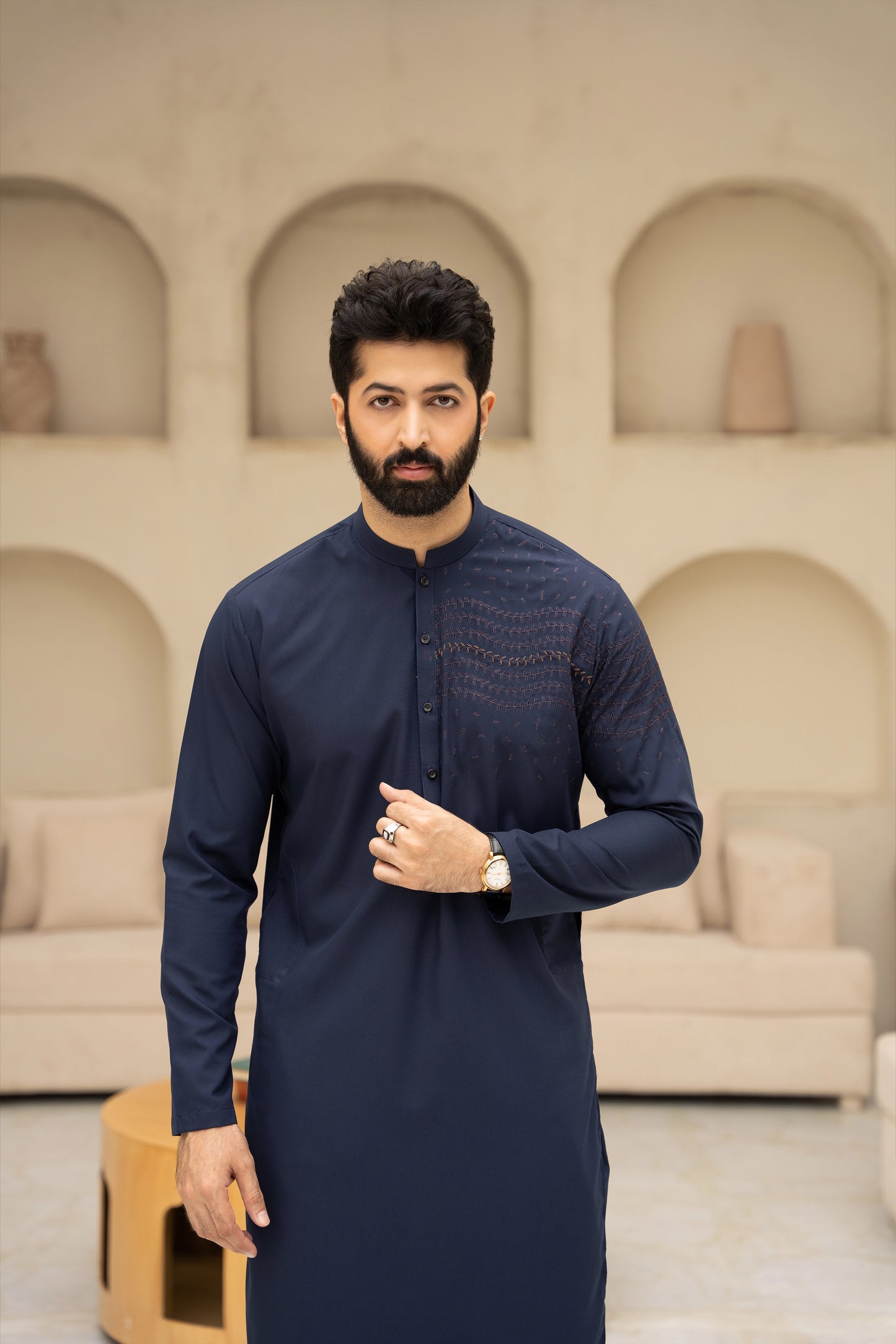 Men Semi-Formal Embroidered Unstitch Kameez Shalwar With One-Sided Chest & Slevee With Signature Pattern And Design - Navy