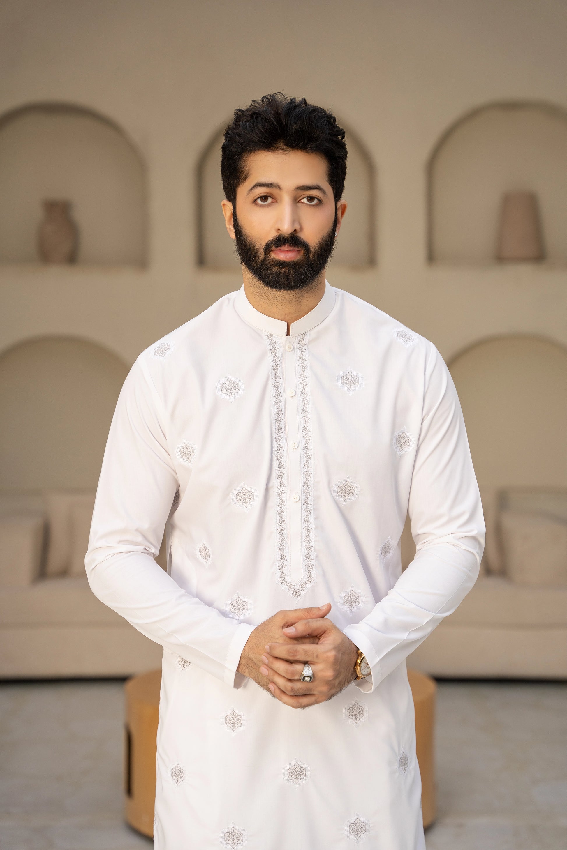 Off-White Unstitch Kameez Shalwar With Fully Front Allover Neckline & Motif Spray Embroidered With Signature Pattern And Design for Men