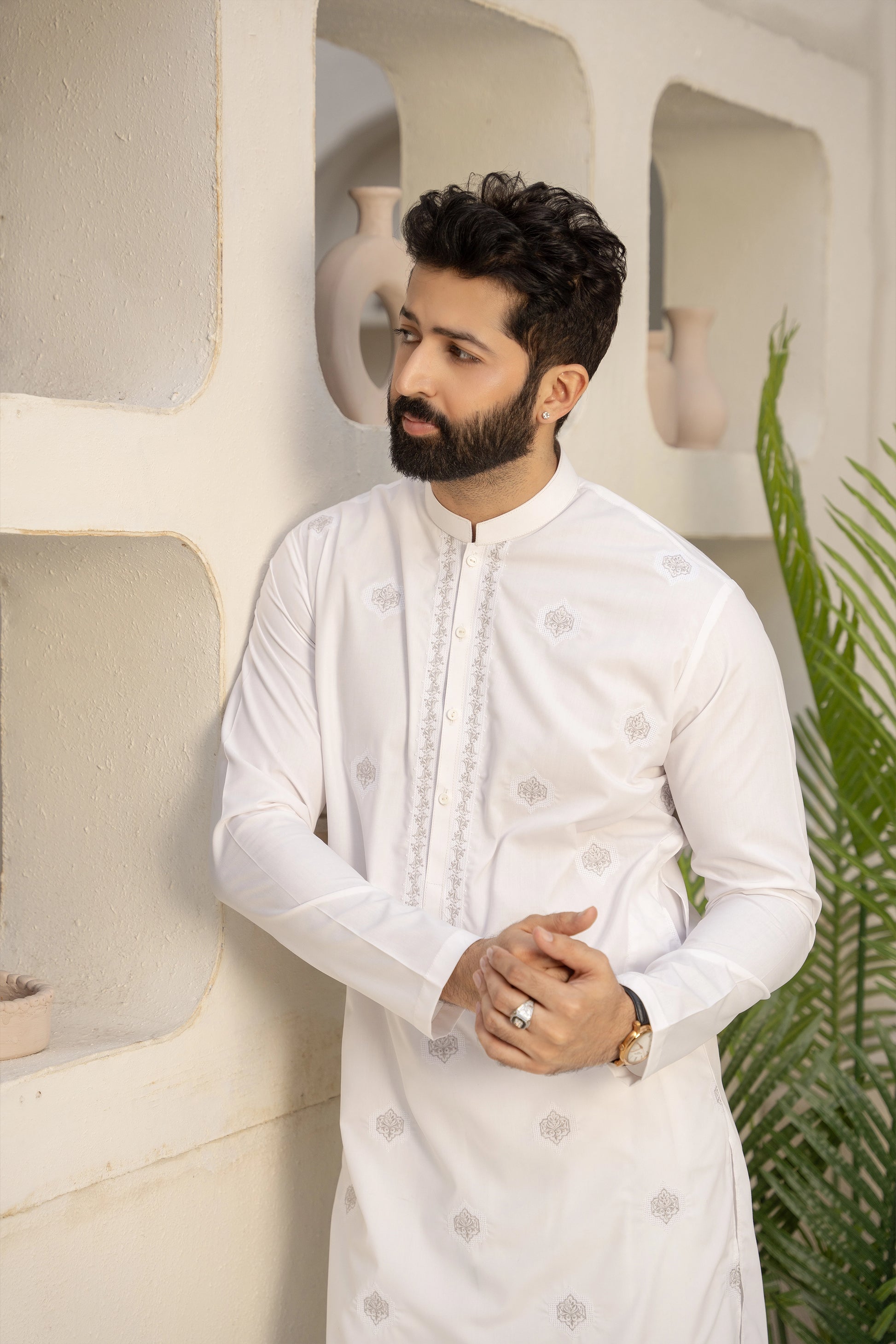 Off-White Men Embroidered Unstitch Kameez Shalwar With Fully Front Allover Neckline & Motif Spray Embroidered With Signature Pattern And Design
