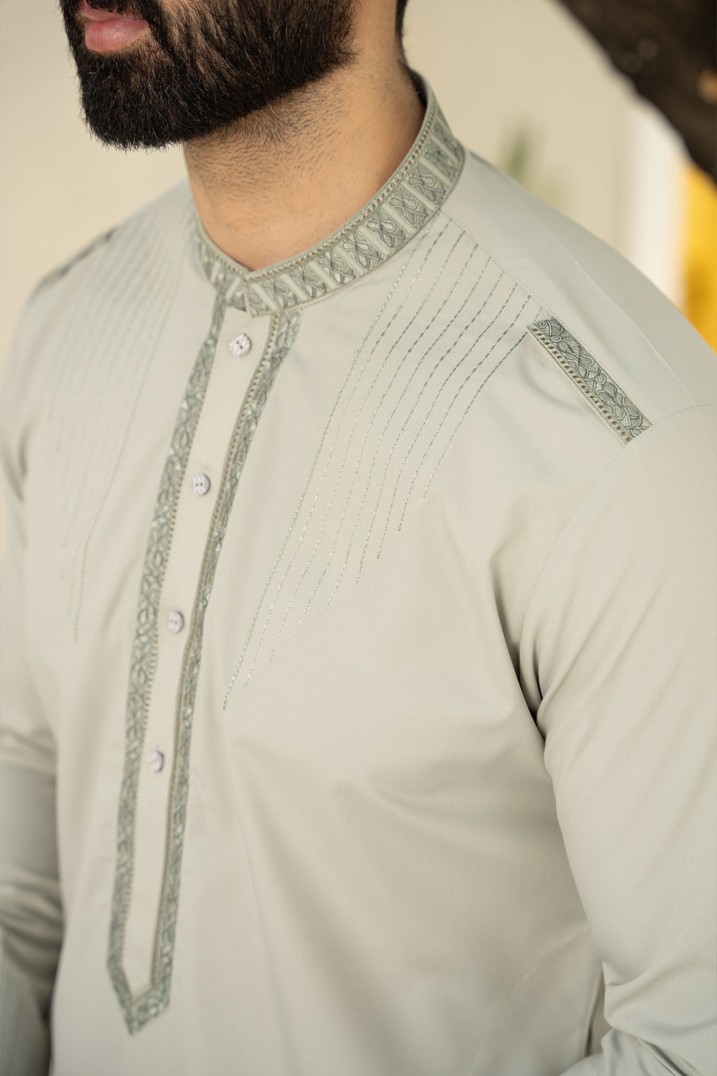 Men Embroidered Unstitch Kameez Shalwar With Neckline/ Bann & Shoulder Loop With Slevees, & Embroidered With Signature Pattern And Design - Nyanza