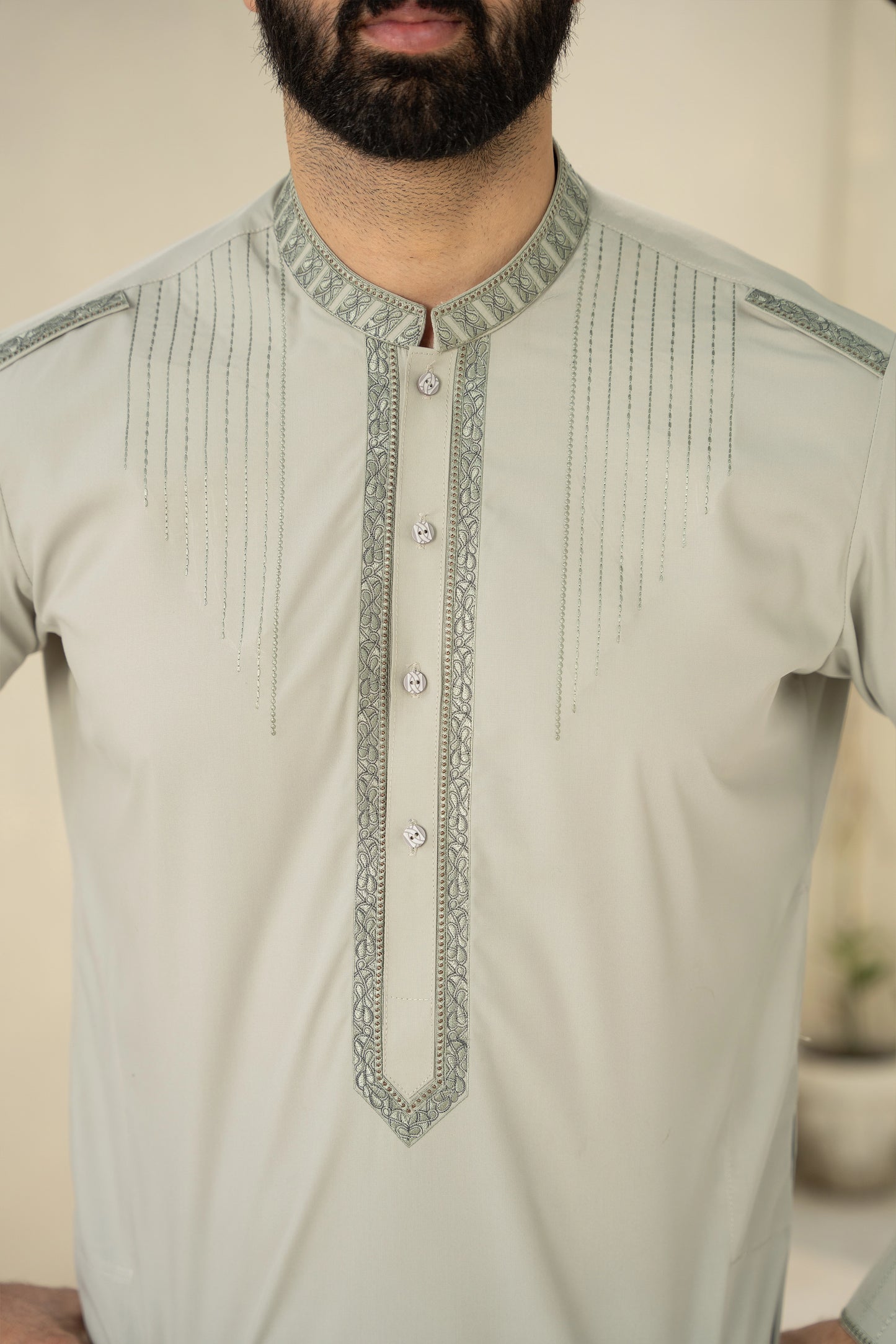 Men Embroidered Unstitch Kameez Shalwar With Neckline/ Bann & Shoulder Loop With Slevees, & Embroidered With Signature Pattern And Design - Nyanza