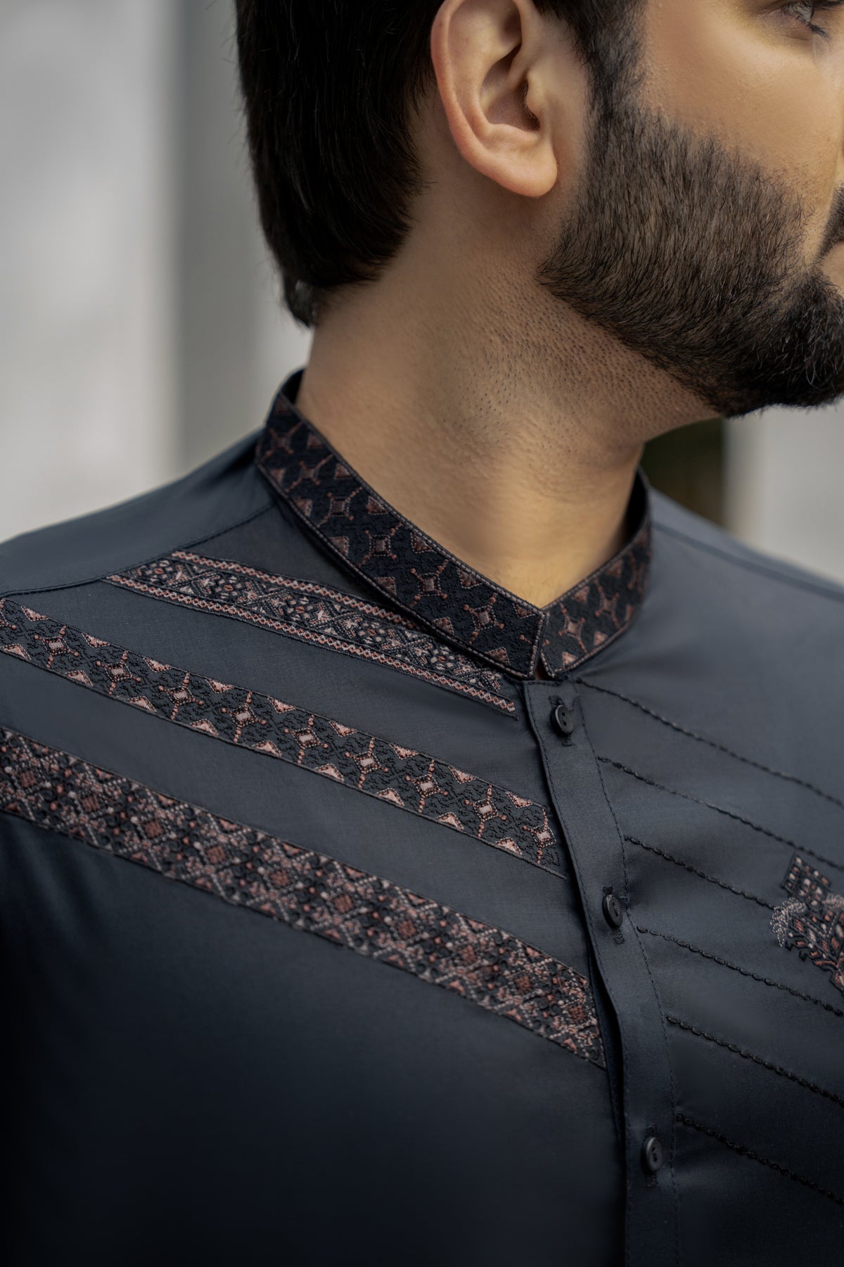 Men Unstitch Chest With Bann Embroidered Kameez Shalwar - Black