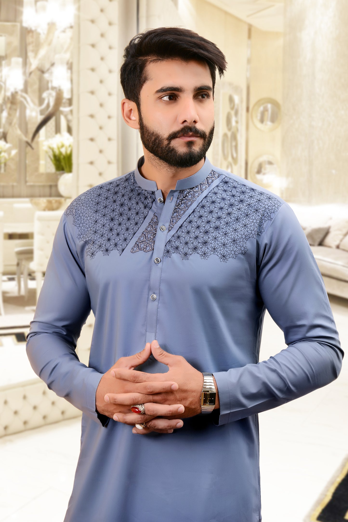 Steel Blue Embroidered Unstitched Kameez Shalwar for Men