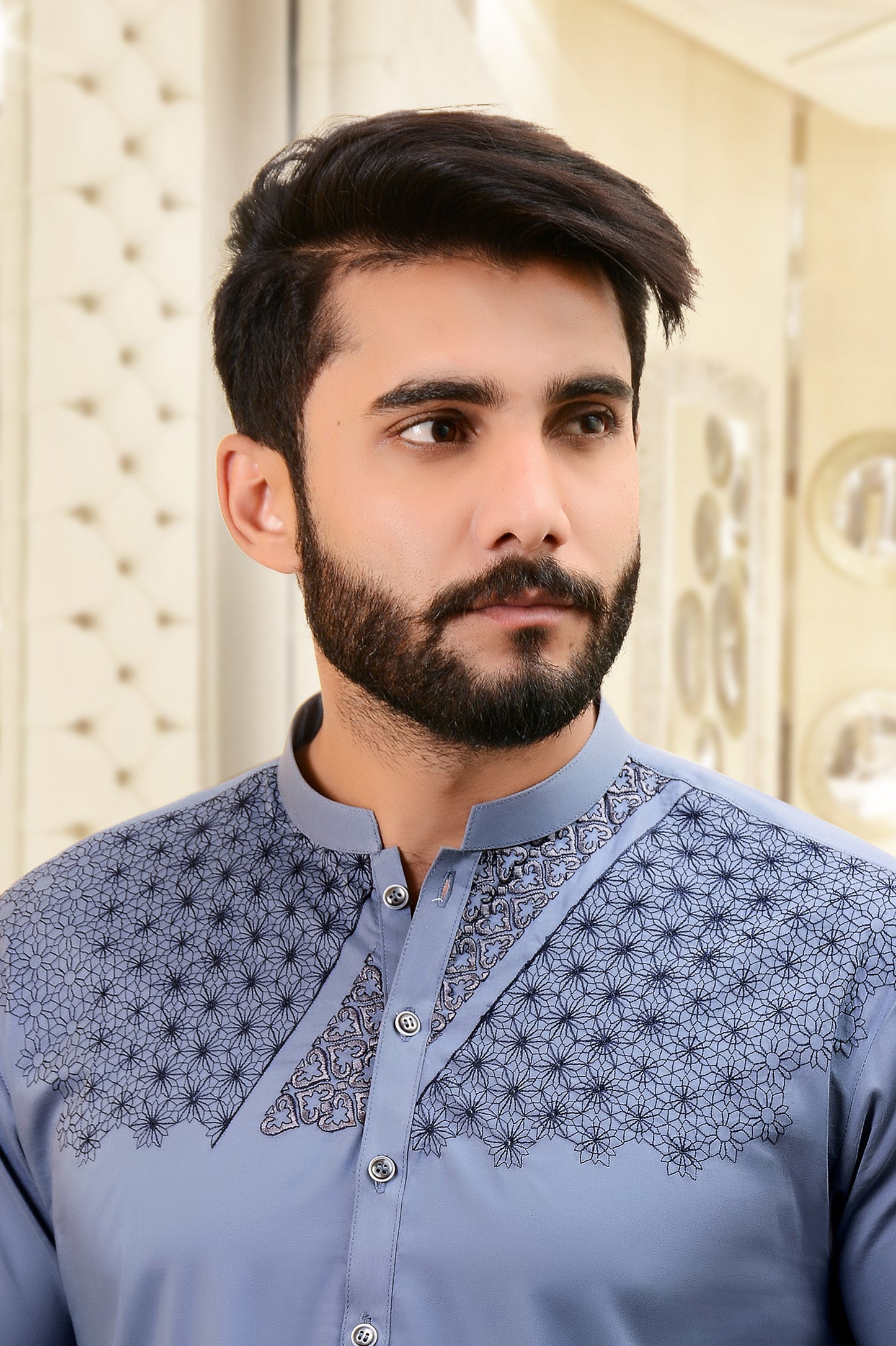 Steel Blue Embroidered Unstitched Kameez Shalwar for Men