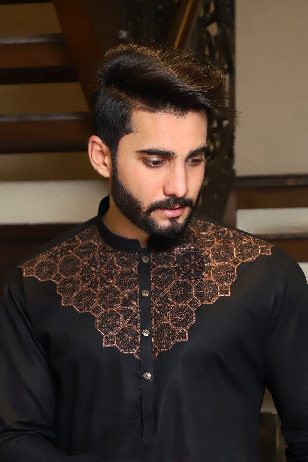 Unstitched Black Chest Embroidered Kameez Shalwar for Men