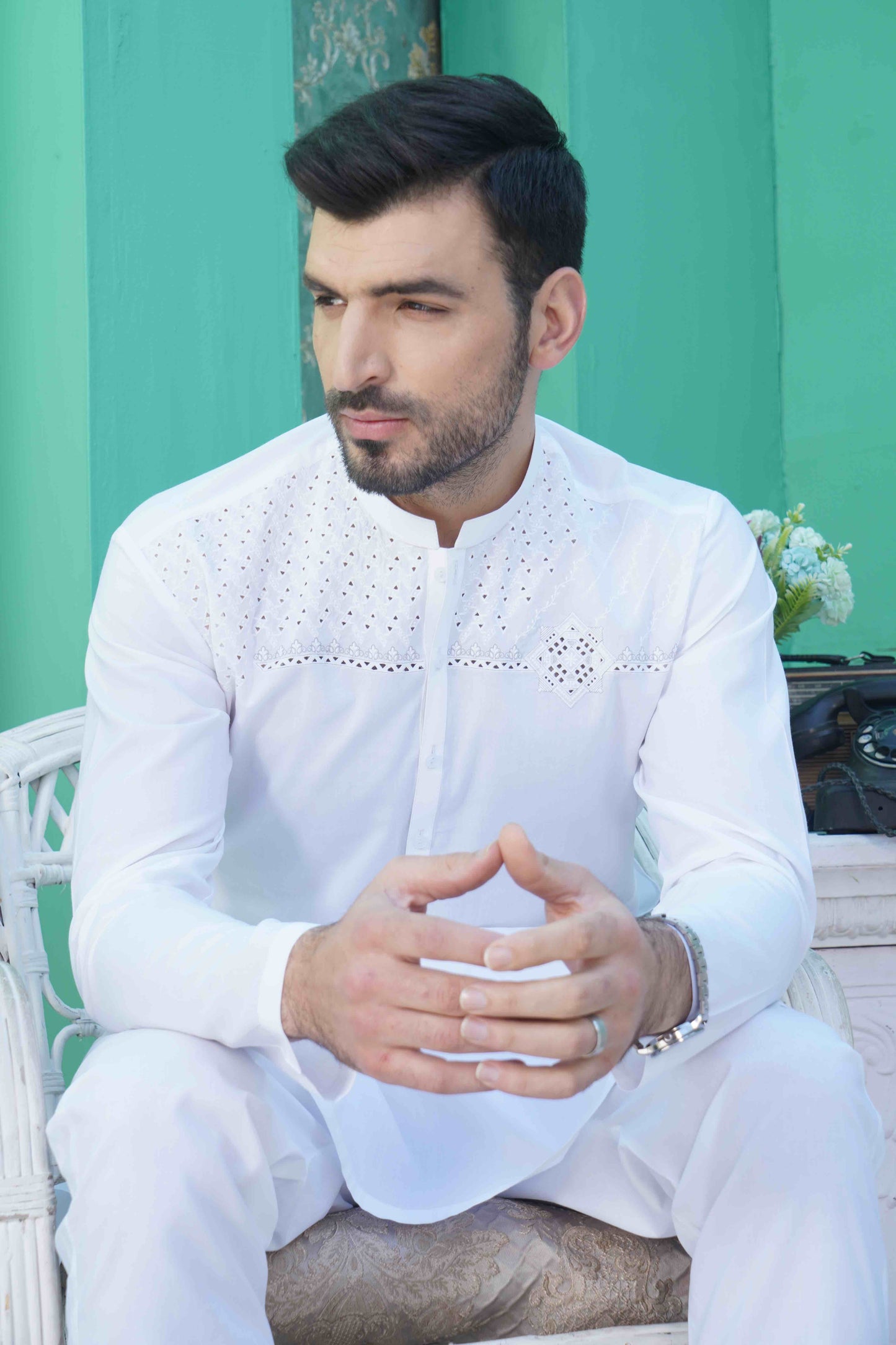 Men Unstitched White Kameez Shalwar With Cotton Thread Cutwork