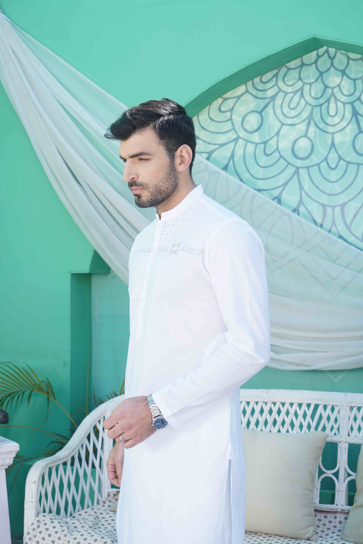 Men Unstitched White Kameez Shalwar With Cotton Thread Cutwork