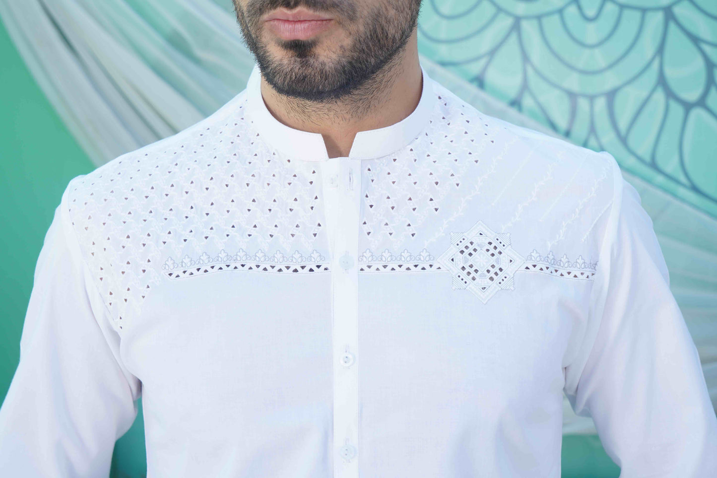 Men Unstitched White Kameez Shalwar With Cotton Thread Cutwork