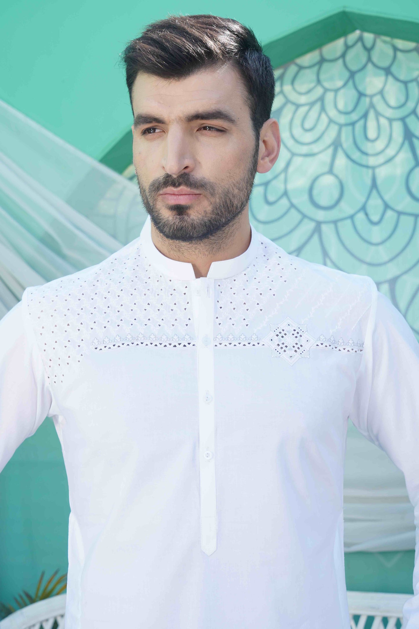 Men Unstitched White Kameez Shalwar With Cotton Thread Cutwork