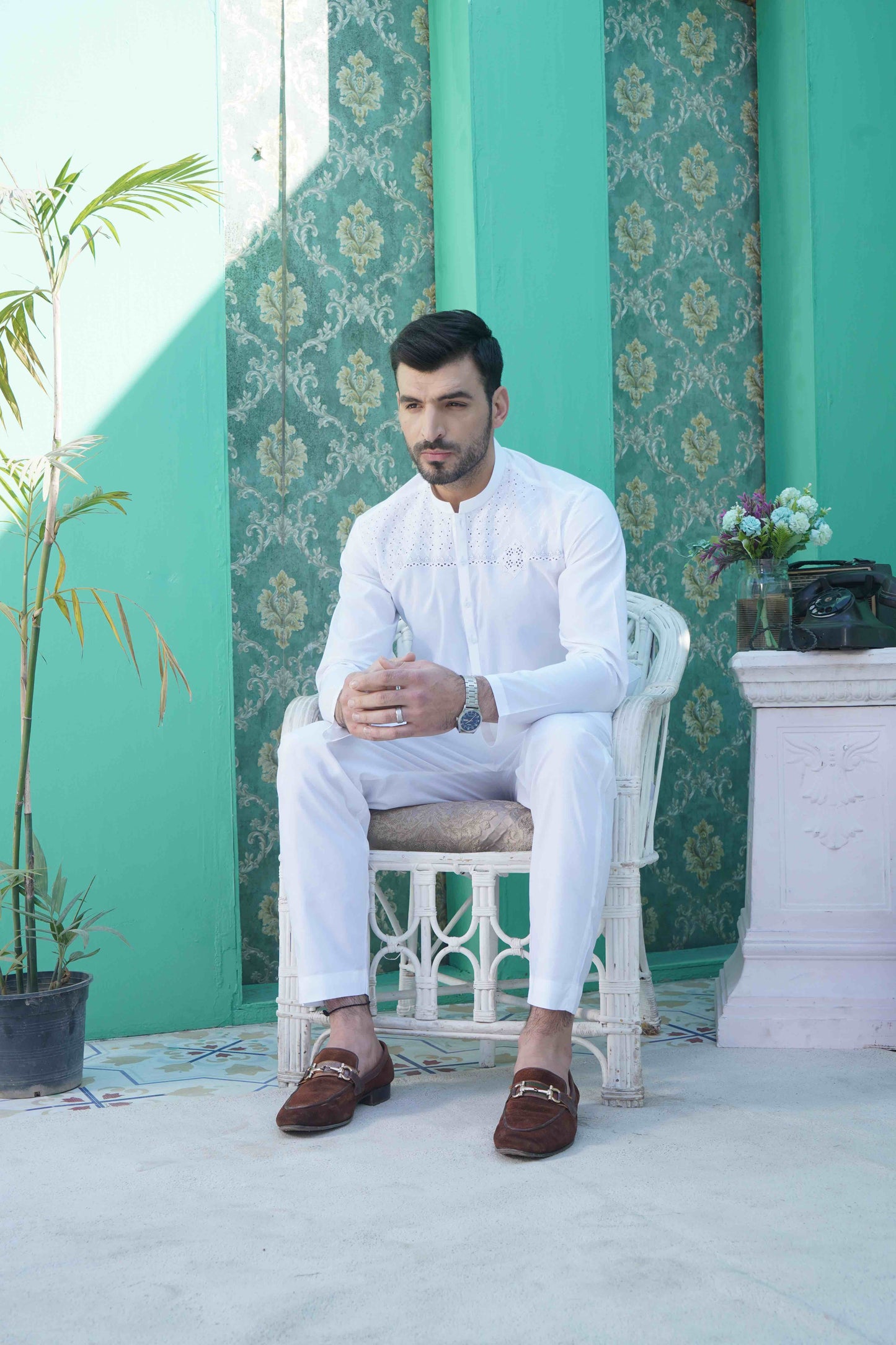 Men Unstitched White Kameez Shalwar With Cotton Thread Cutwork