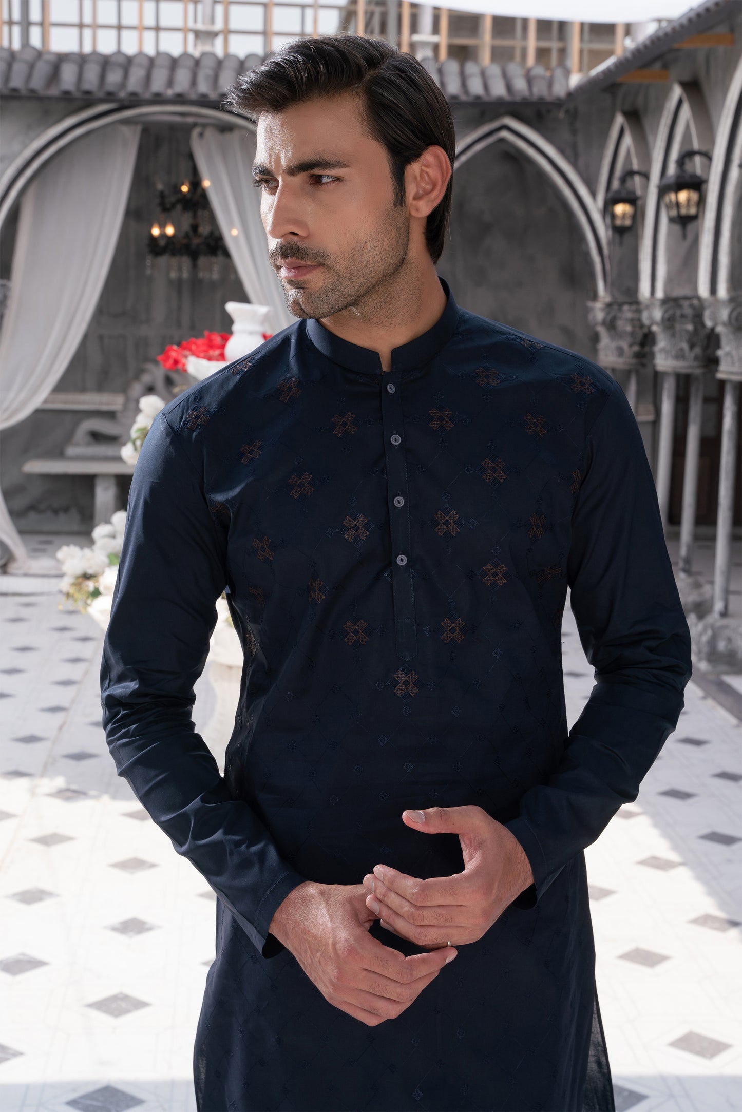 Men Unstitch Navy Chest Spray Embroidered Kameez – '25