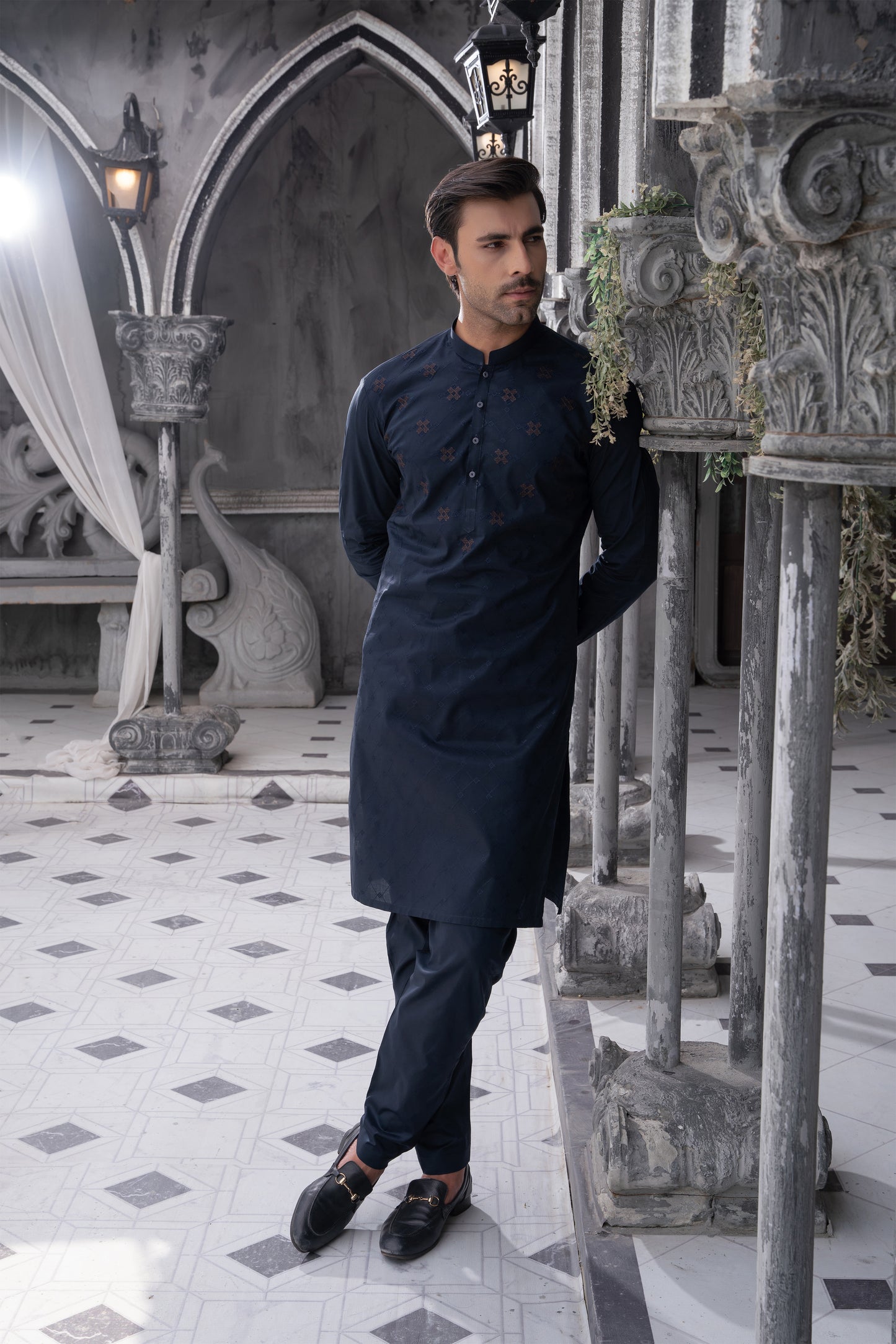 Men Unstitch Navy Chest Spray Embroidered Kameez – '25