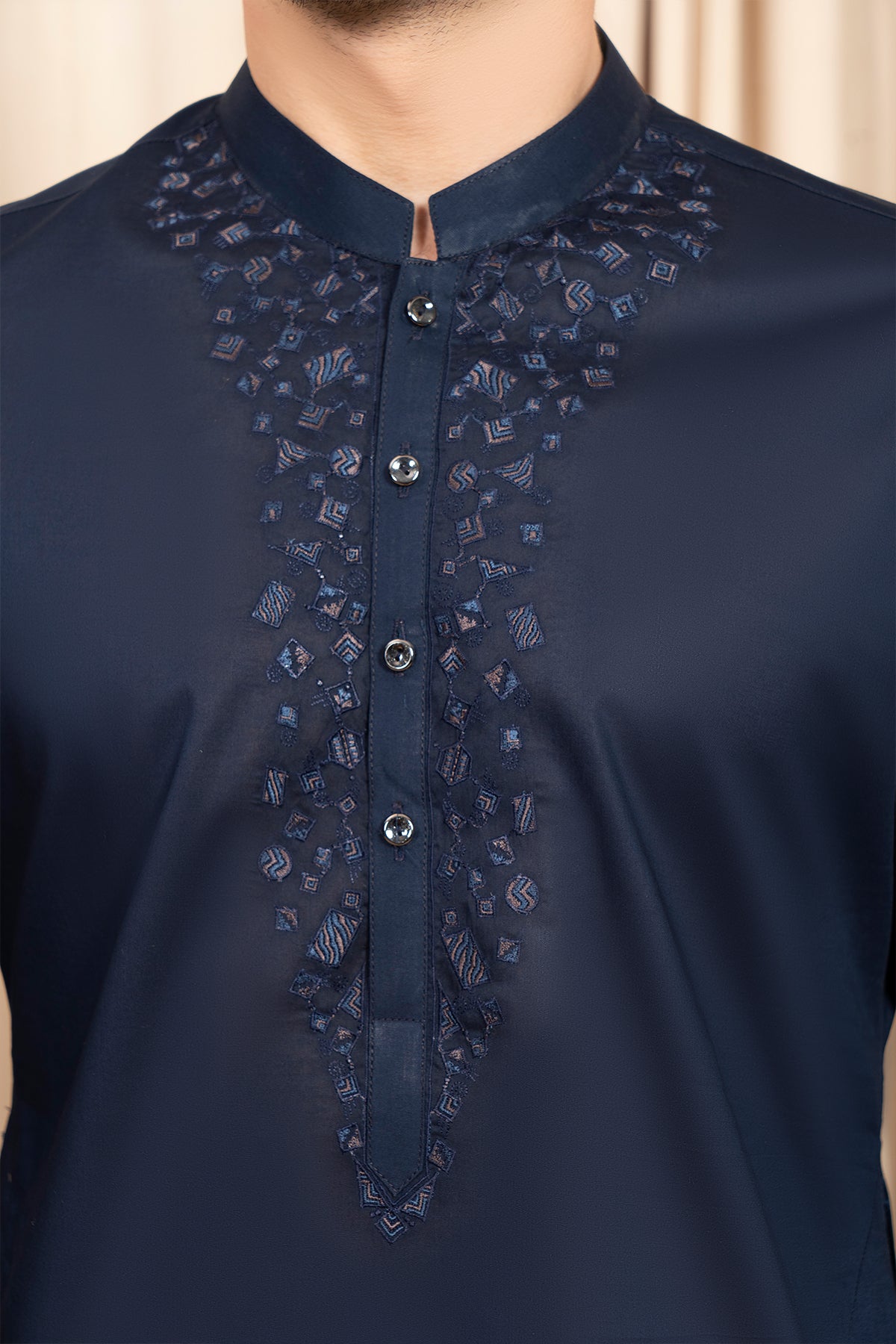 Men Unstitched Navy Front-Galla Embroidered Kameez Shalwar