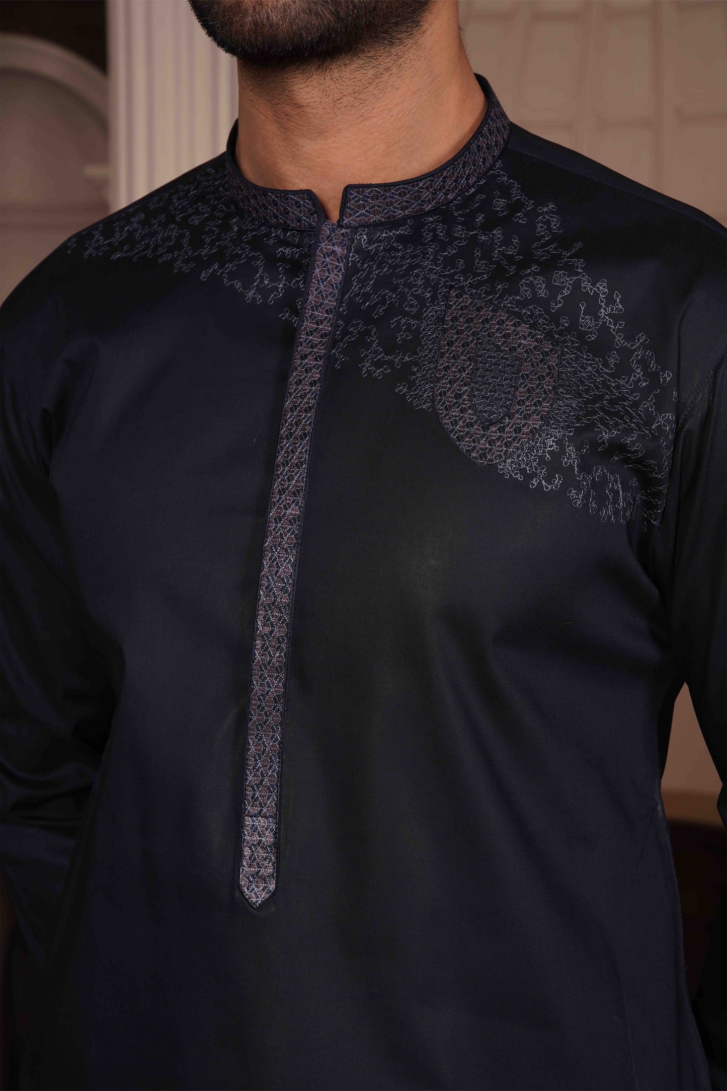 Men Unstitch Embroidery Kameez Shalwar-Navy