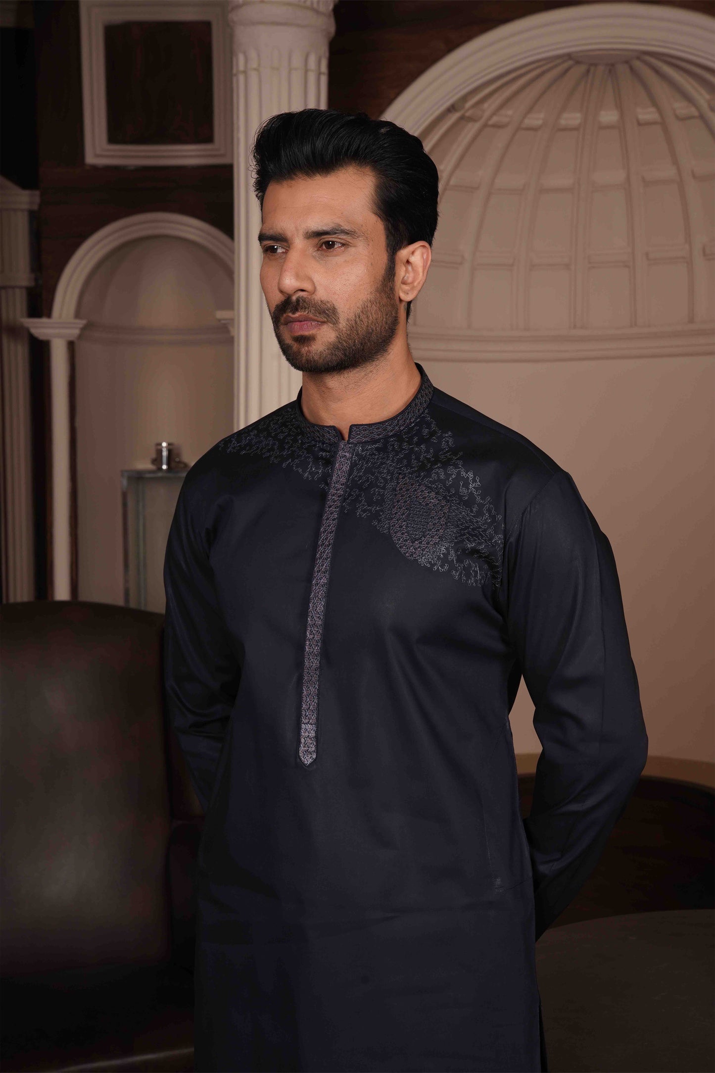 Men Unstitch Embroidery Kameez Shalwar-Navy