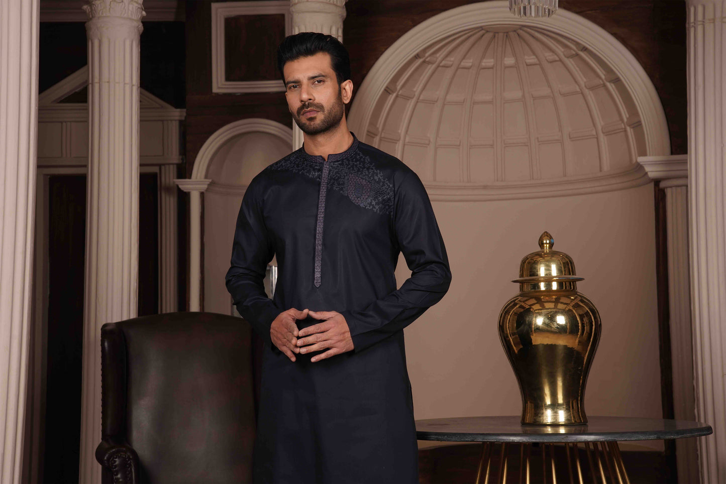 Men Unstitch Embroidery Kameez Shalwar-Navy