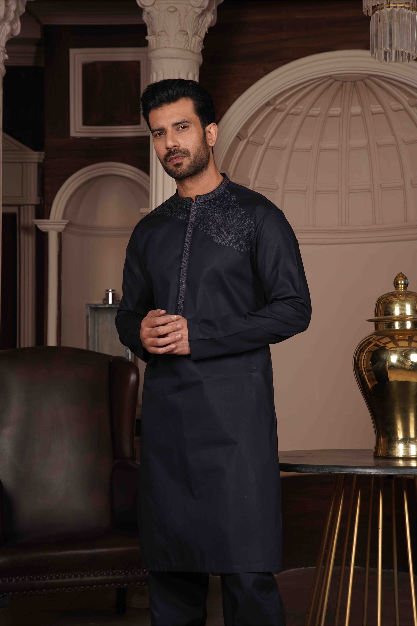 Men Unstitch Embroidery Kameez Shalwar-Navy
