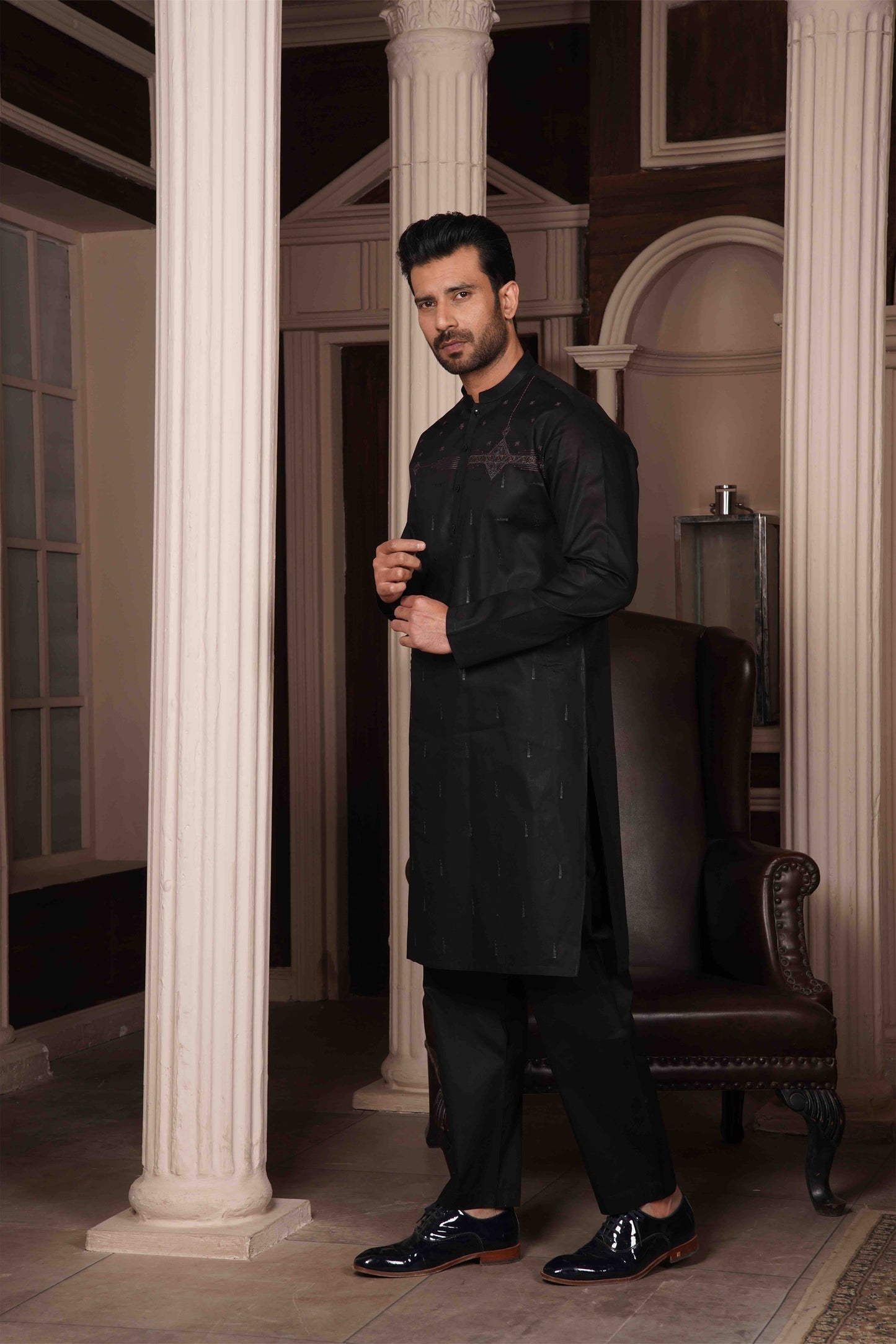 Men Unstitch Embroidery Kameez Shalwar-Black