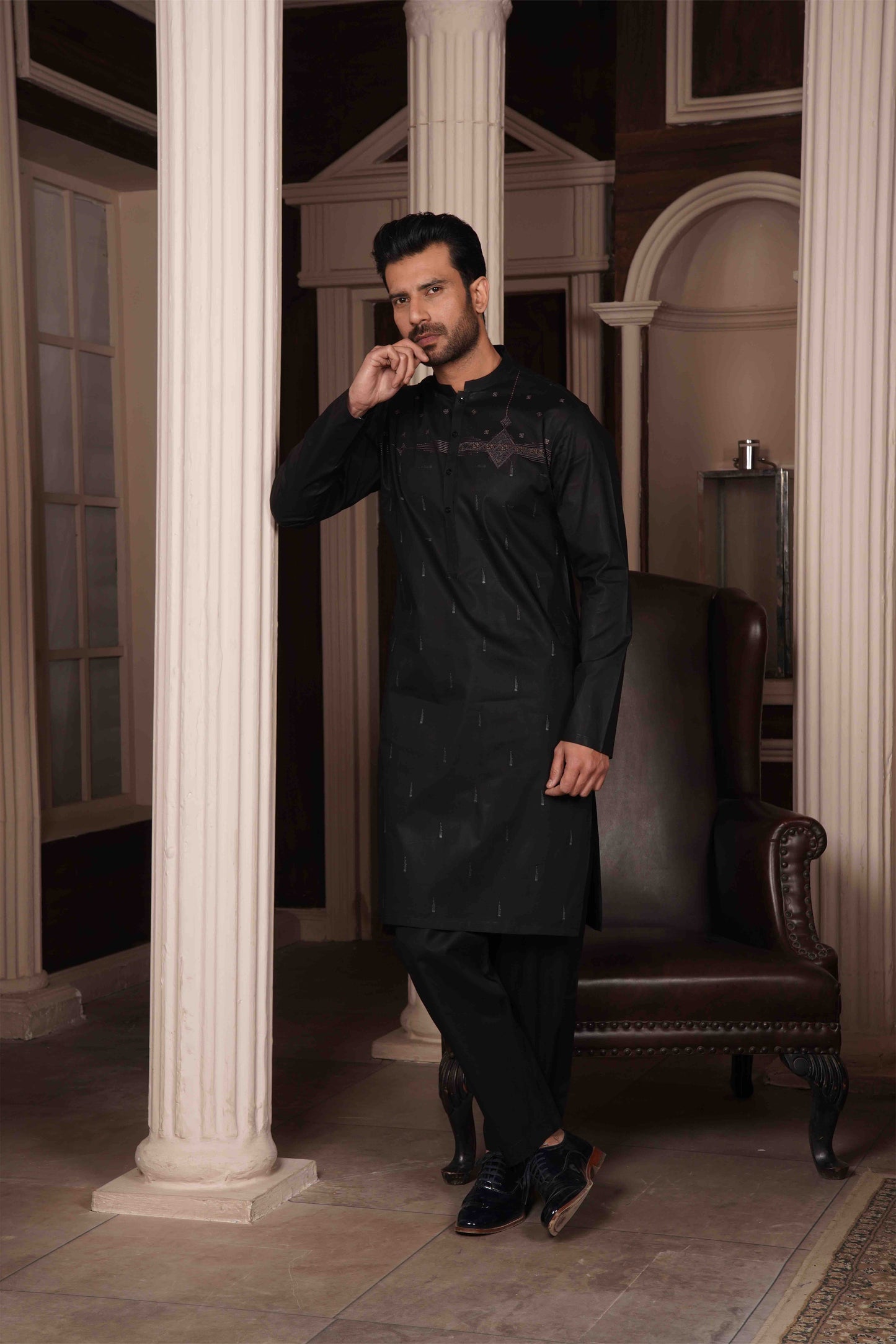 Men Unstitch Embroidery Kameez Shalwar-Black