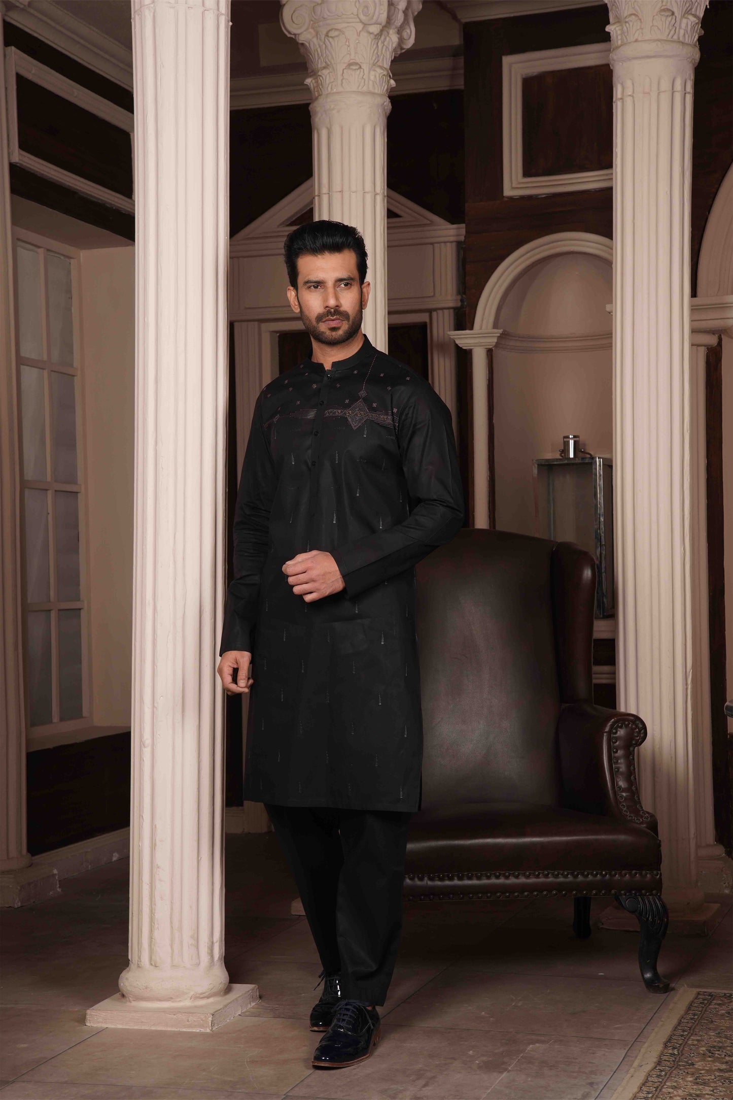 Men Unstitch Embroidery Kameez Shalwar-Black