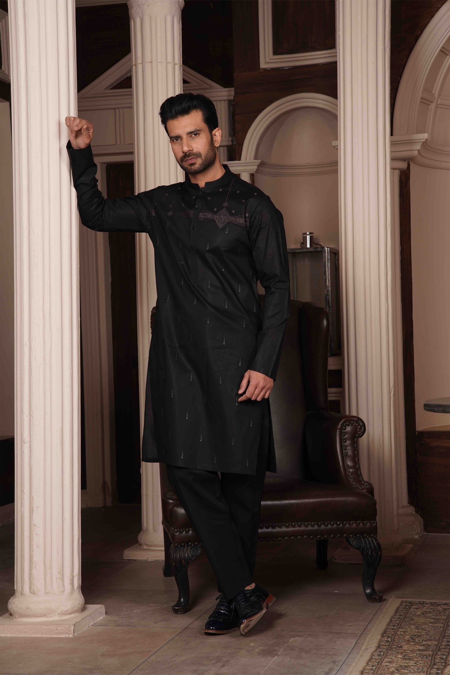 Men Unstitch Embroidery Kameez Shalwar-Black