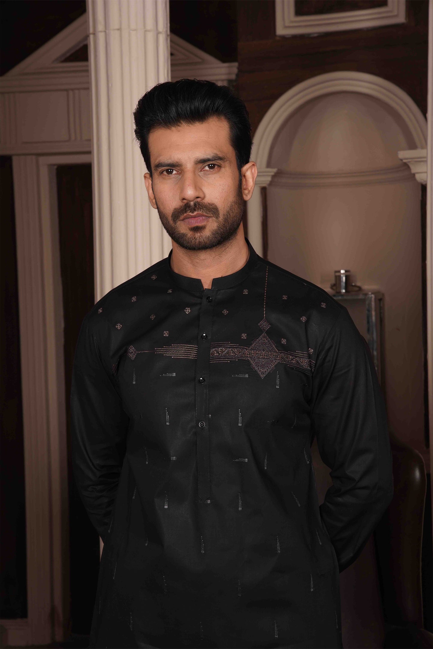 Men Unstitch Embroidery Kameez Shalwar-Black