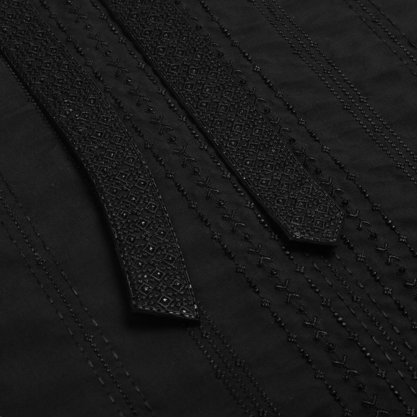 Men Unstitch Front Allover Embroidery With Bann/Placket Black
