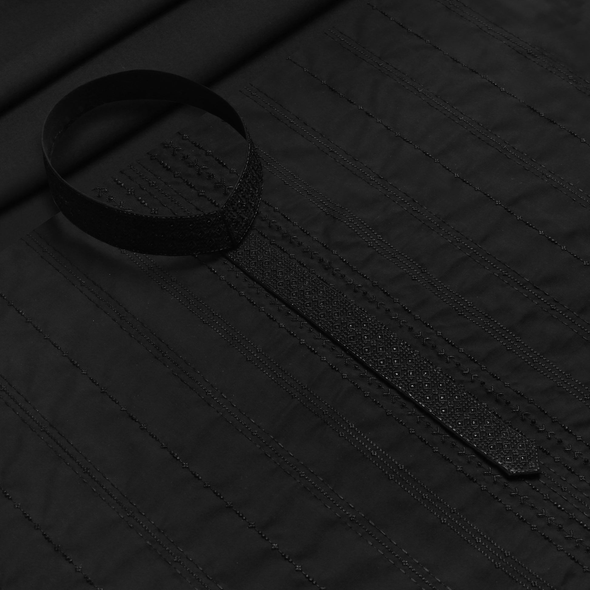 Unstitch Front Allover Embroidery With Bann/Placket Black for Men