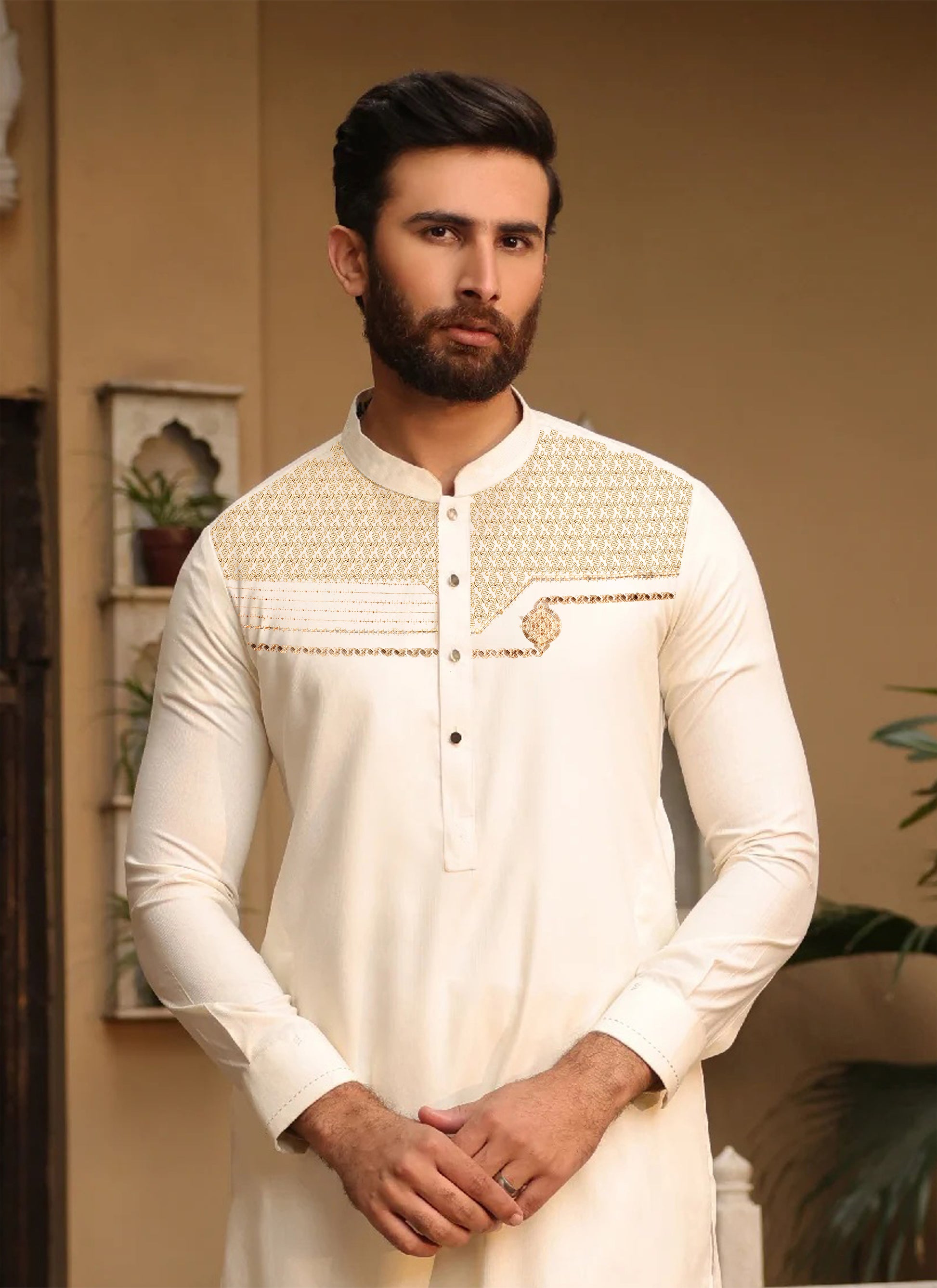 Men’s Embroidered Kameez Shalwar in Cream