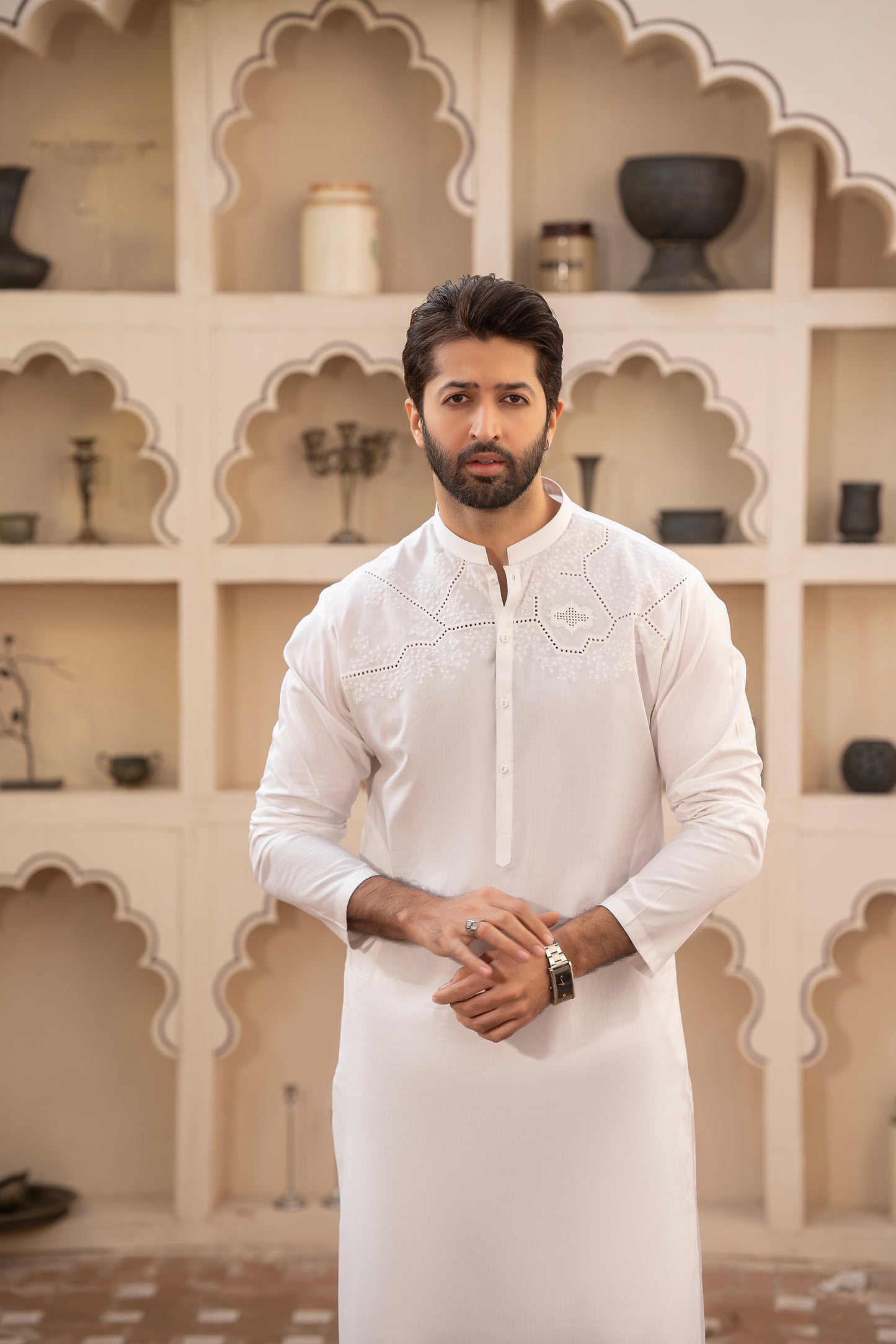 Off White Embroidered Unstitch Kameez Shalwar for Men