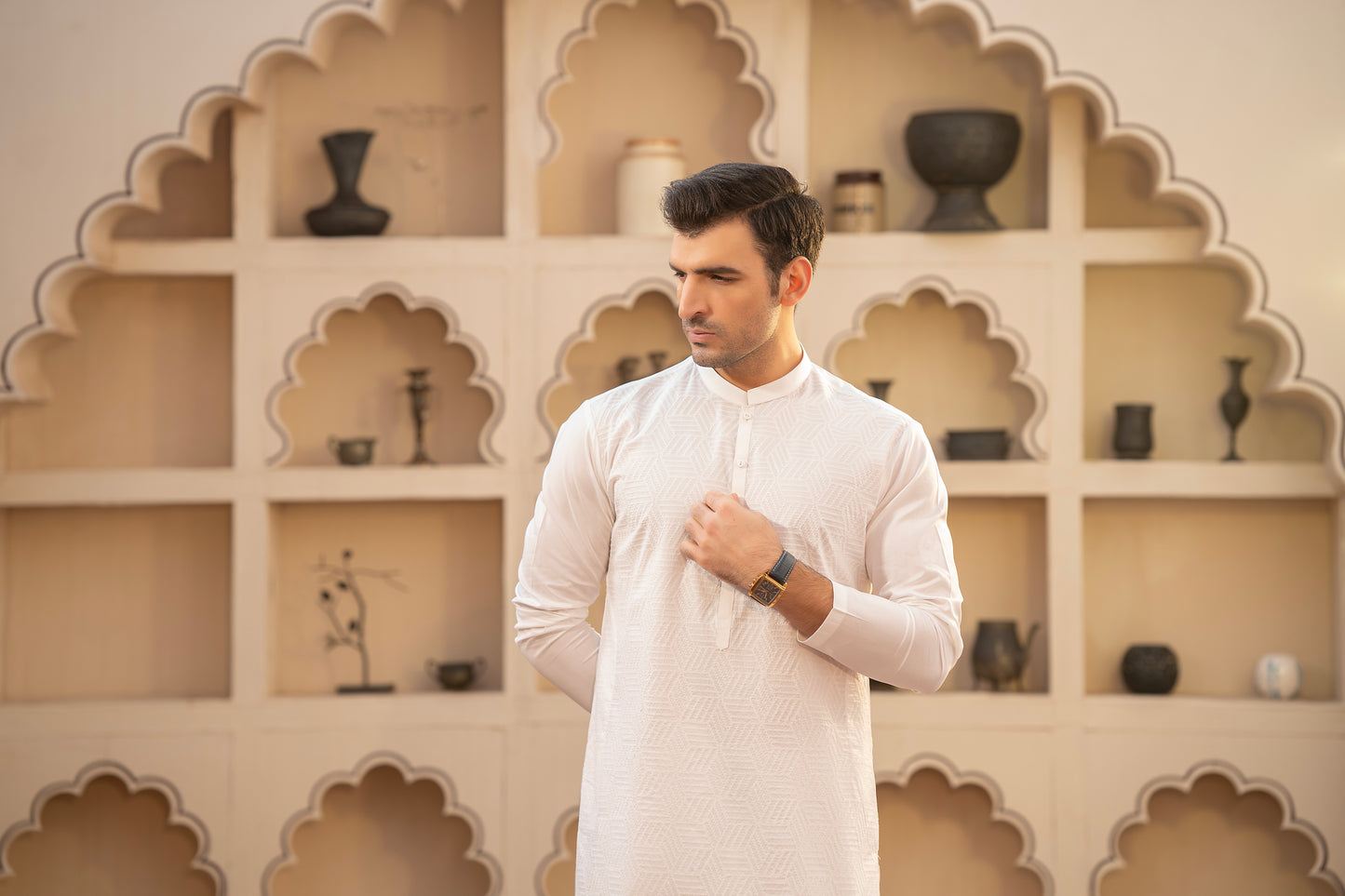Off-White Men Embroidered Kameez Shalwar
