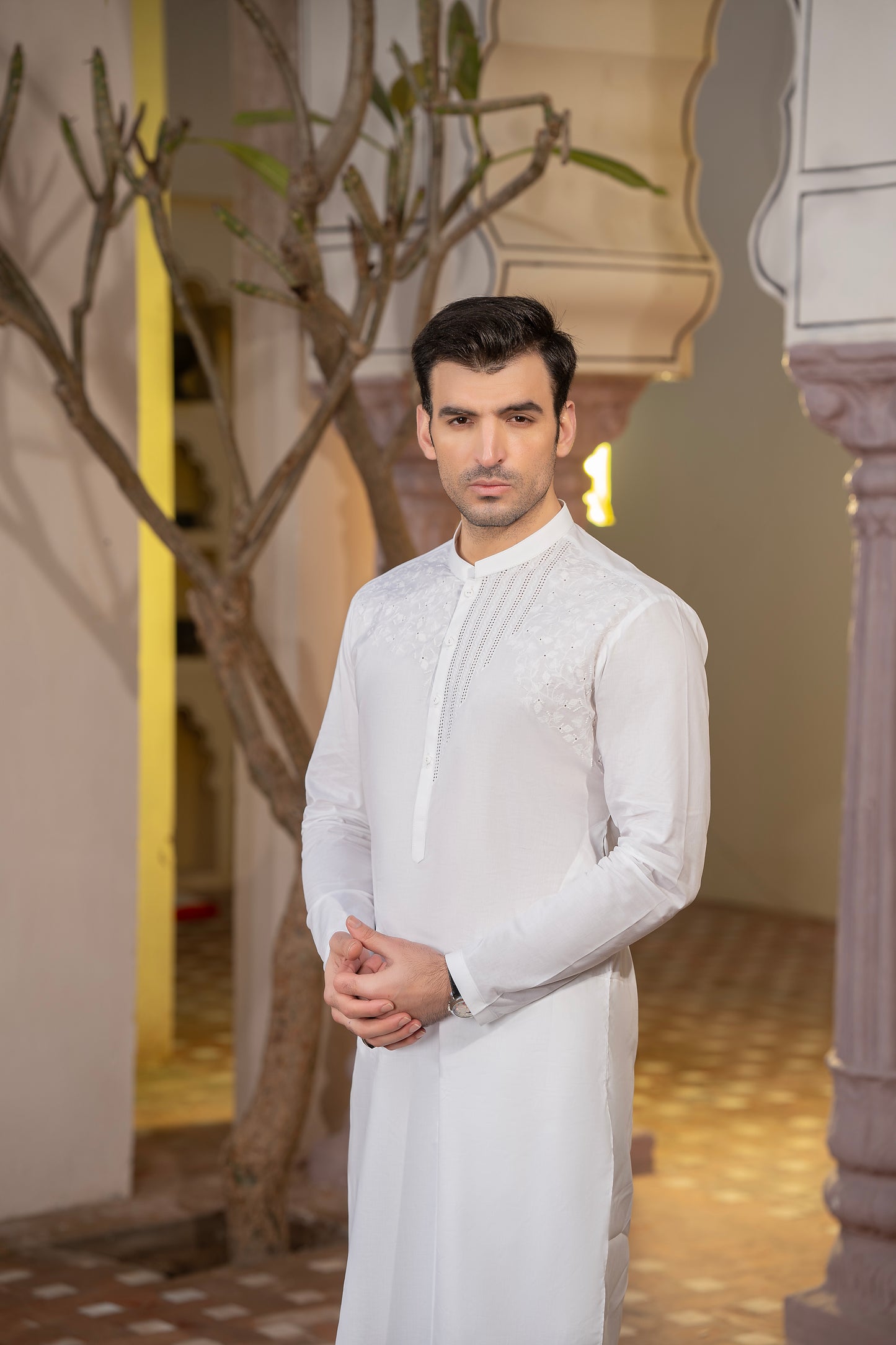 Men Embroidered Unstitch Kameez Shalwar-Off-White