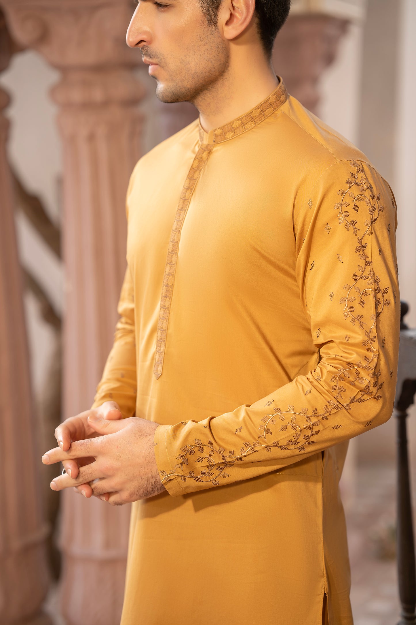 Men Embroidered Unstitch Kameez Shalwar-Mustard