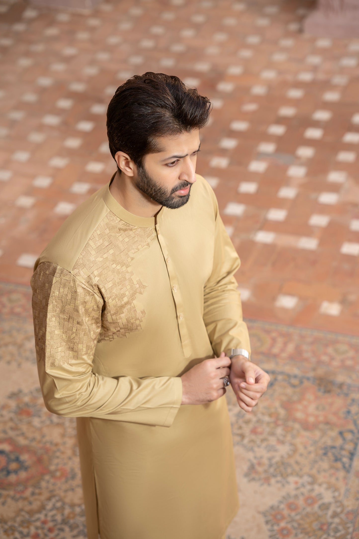 Men Embroidered Unstitch Kameez Shalwar-Tan