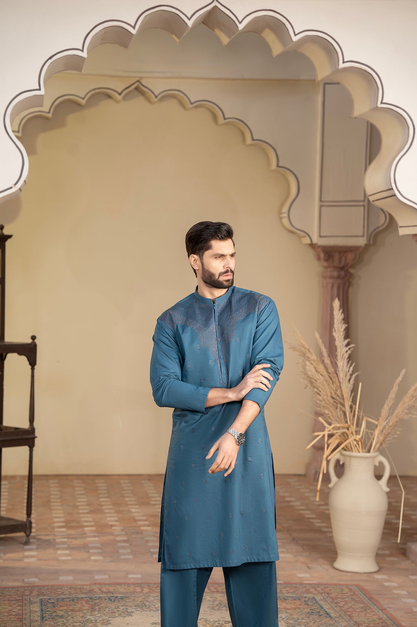 Men Embroidered Unstitch Kameez Shalwar-Cobalt-Blue