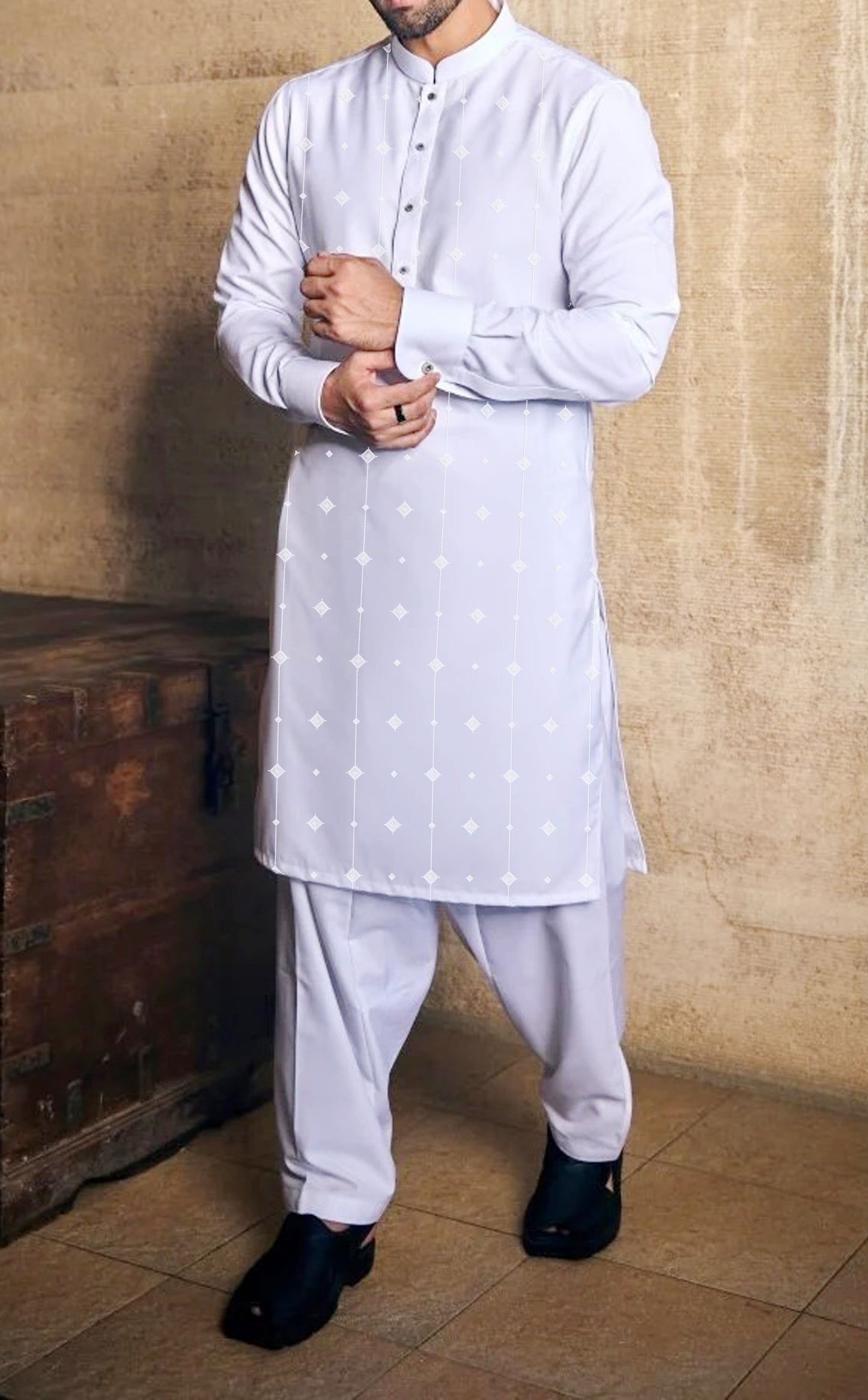 Men Unstitch Front Allover Cotton-Thread Embroidered Kameez Shalwar - White